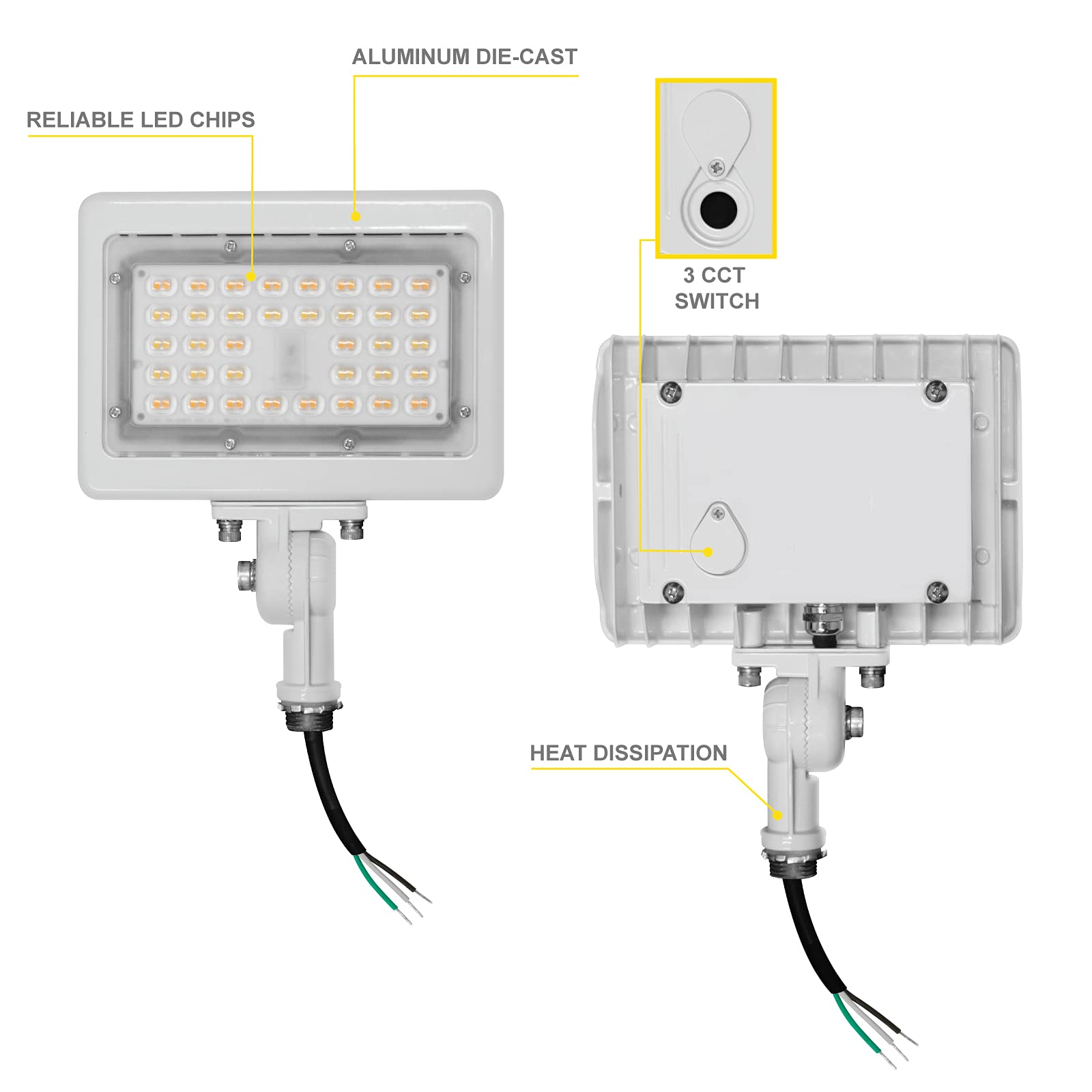 Nuwatt 15W Led Flood Light, 3Cct 3000K/4000K/5000K Selectable, Ip65 Waterproof Lighting, 1/2" Adjustable Knuckle Mount, 2100 Lumens, 120-277V, Outdoor Security Floodlight For Yard, White, Ul