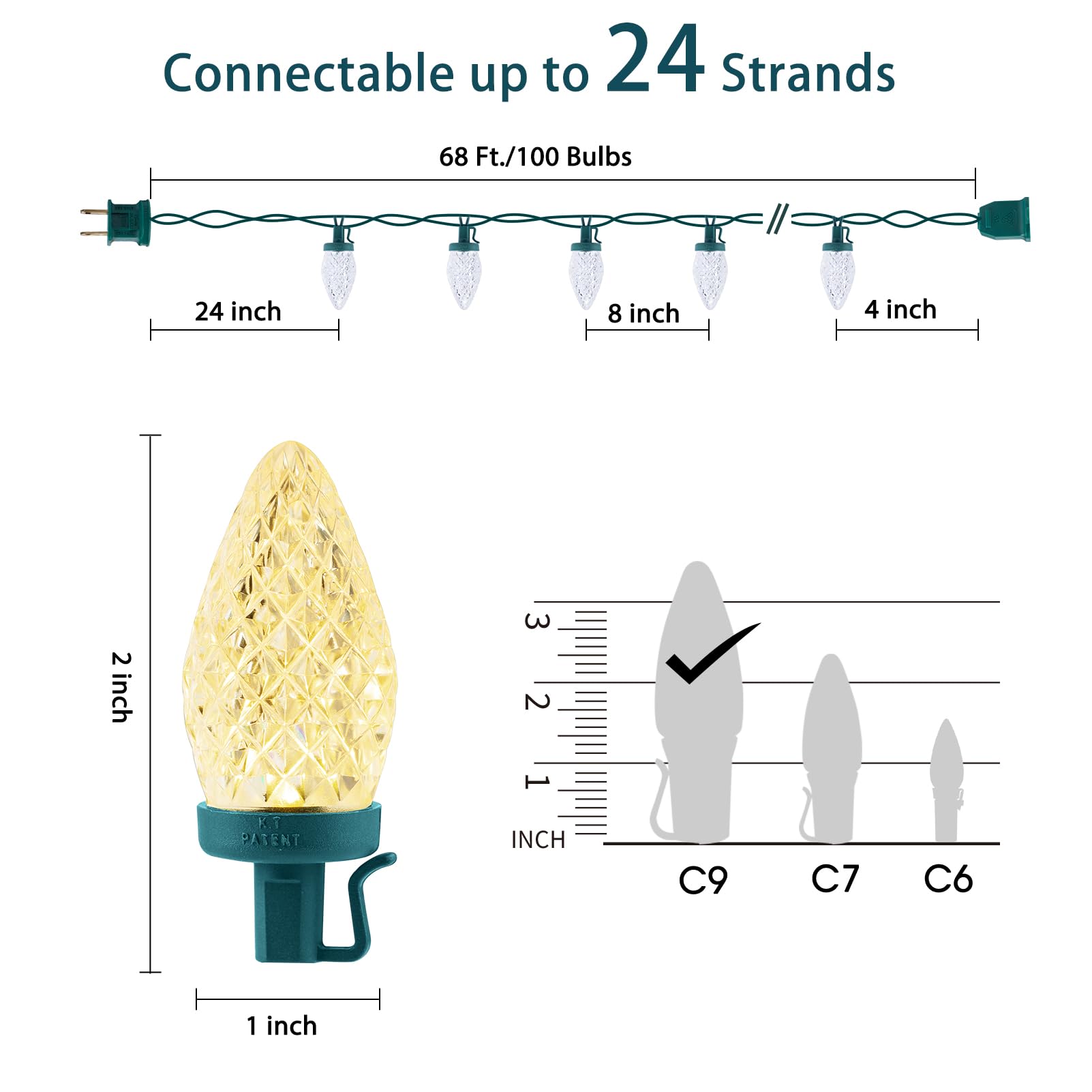C9 Led Christmas Lights Outdoor, 66 Feet 100 Led Strawberry String Lights With 100 Spring Clamps, Waterproof Commercial Grade Ex