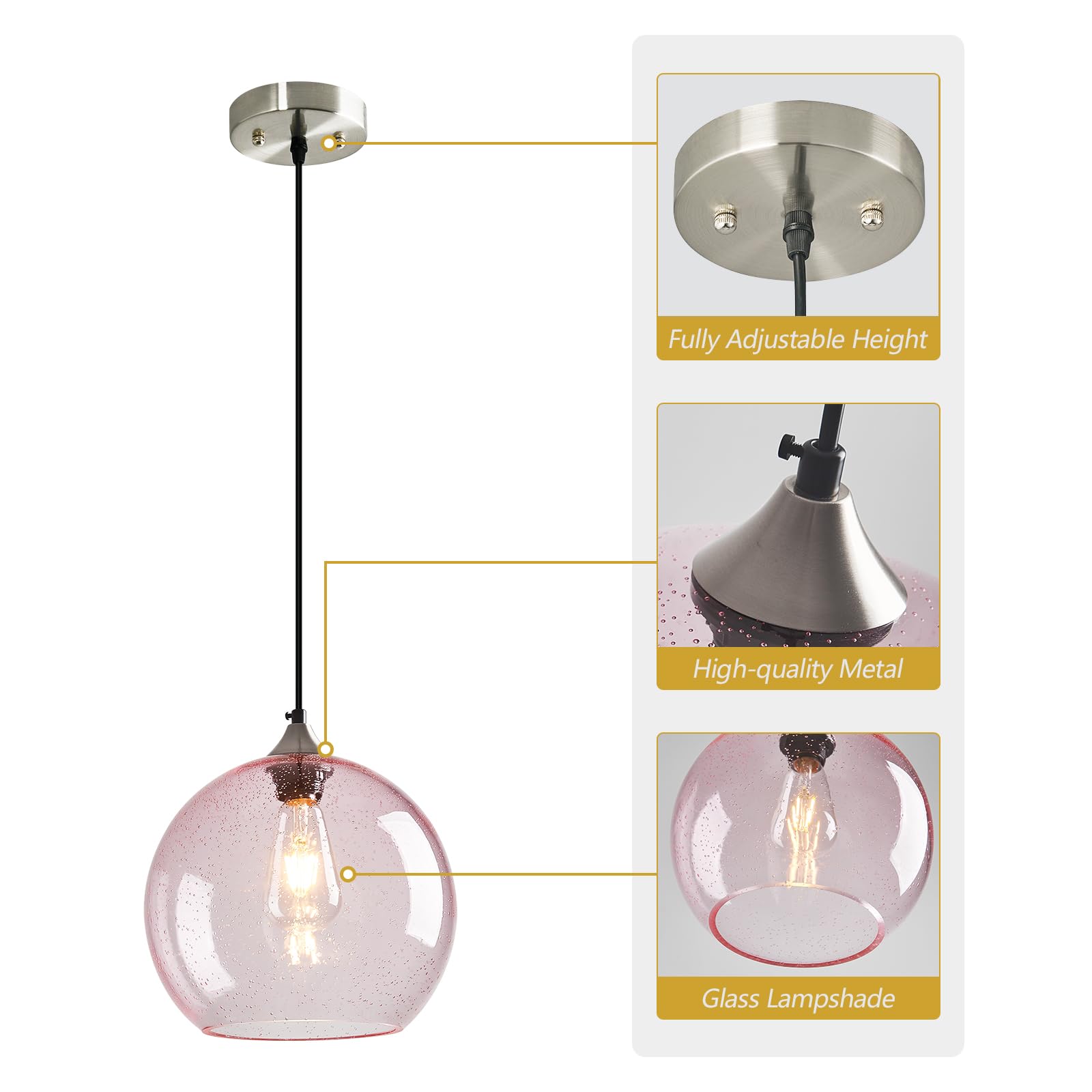 Lbsqj Pink Glass Pendant Lights Kitchen Island Globe Pendant Light Fixtures Modern Pendant Lighting For Bedroom Living Dining Room Light Fixture (9.84 In  3 Pack)