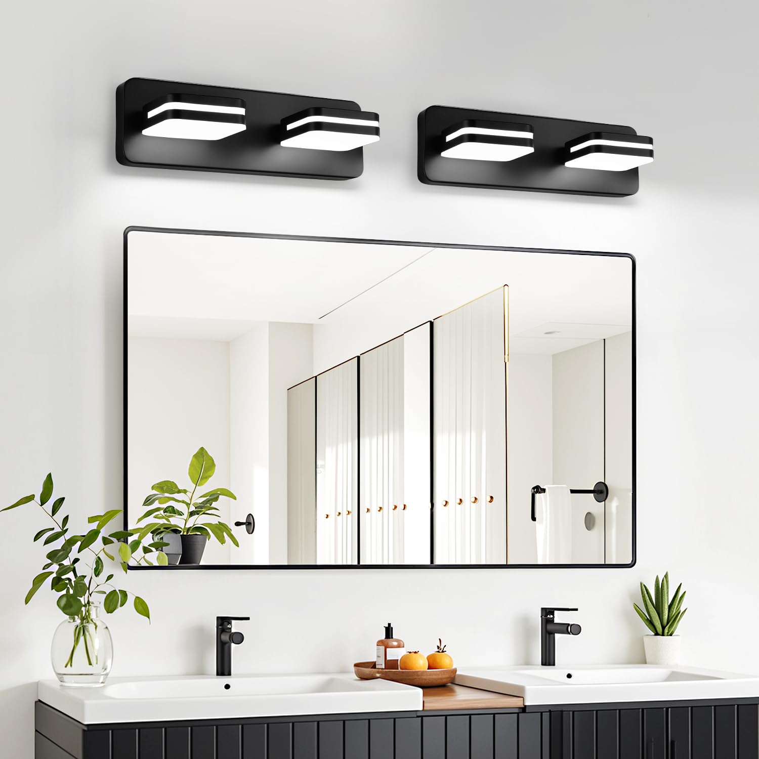 Torondo 360° Rotate LED Bathroom Vanity Light, 1000LM, 2-Light, 14-Inch, Acrylic, Matte Black, Model HJ0W28-2, Natural White
