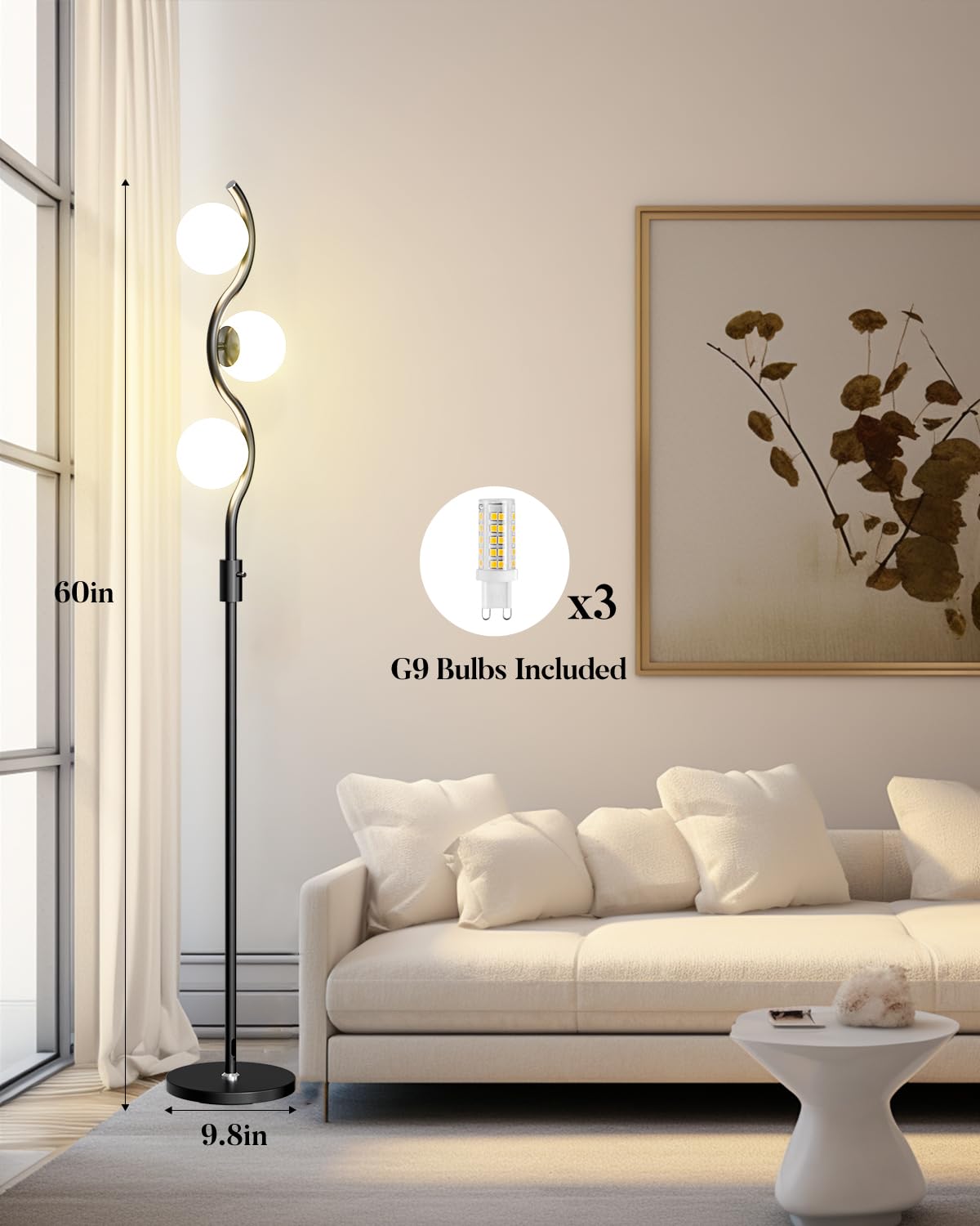 Lightdot 60In 3-Globe Dimmable Black Floor Lamp Mid Century Standing Lamps With 3Pcs 3000K Warm White G9 Bulbs Stepless Brightne