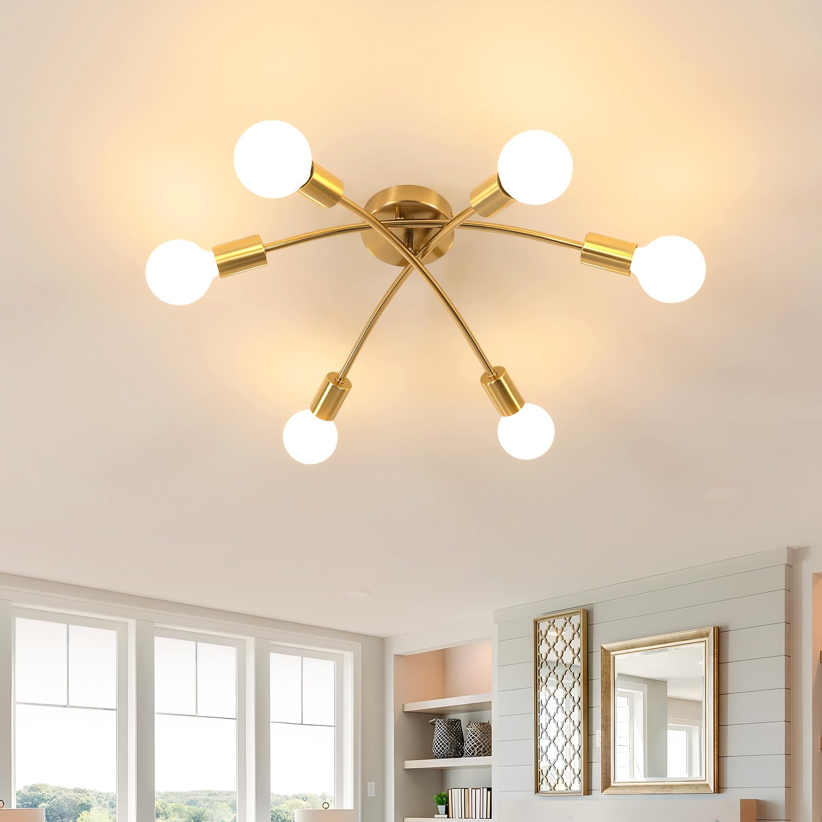 Tealight Gold Sputnik Ceiling Light Fixture  Modern 6-Light Sputnik Chandelier With 350 Rotatable Arms  E26 Bulb Compatible For Living Room  Bedroom  Dining Room - Stylish Home Decor Lighting