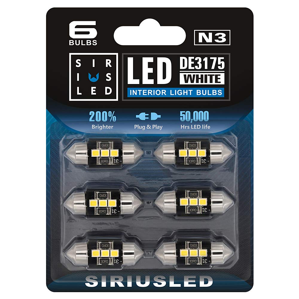 SIR IUS LED N3 DE3175 LED bulbs Pure white Super Bright LED Festoon 300 Lumens 3030 Chipset for Car Truck Interiors Dome Map Door Courtesy Lights 1.25” 31MM Festoon Pack of 6 Bulbs