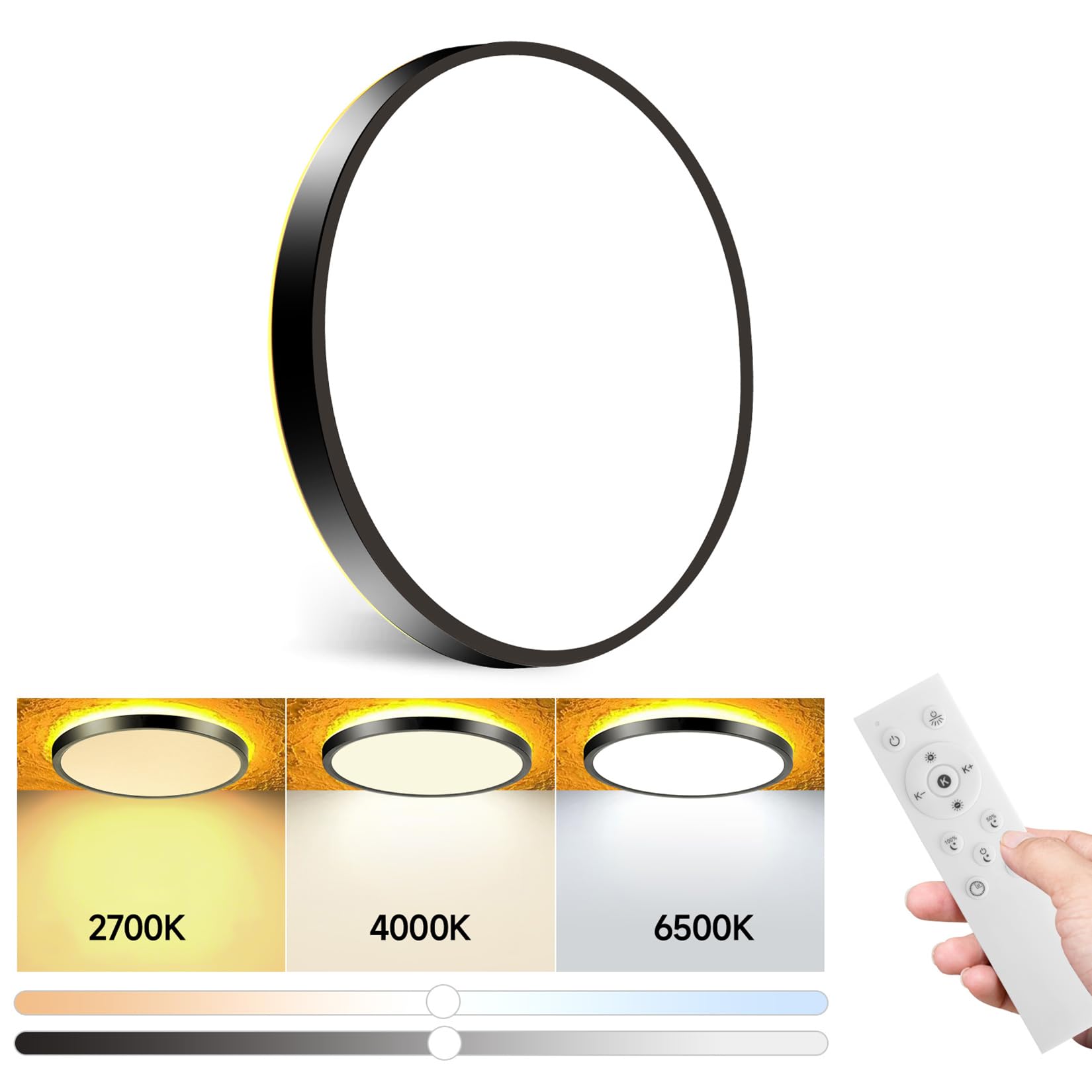 Mille Lucciole Flush Mount Ceiling Light Fixture With Remote Control, Dimmable Led Ceiling Lights Black 8.7 Inch 24W 2400Lm 3Cct