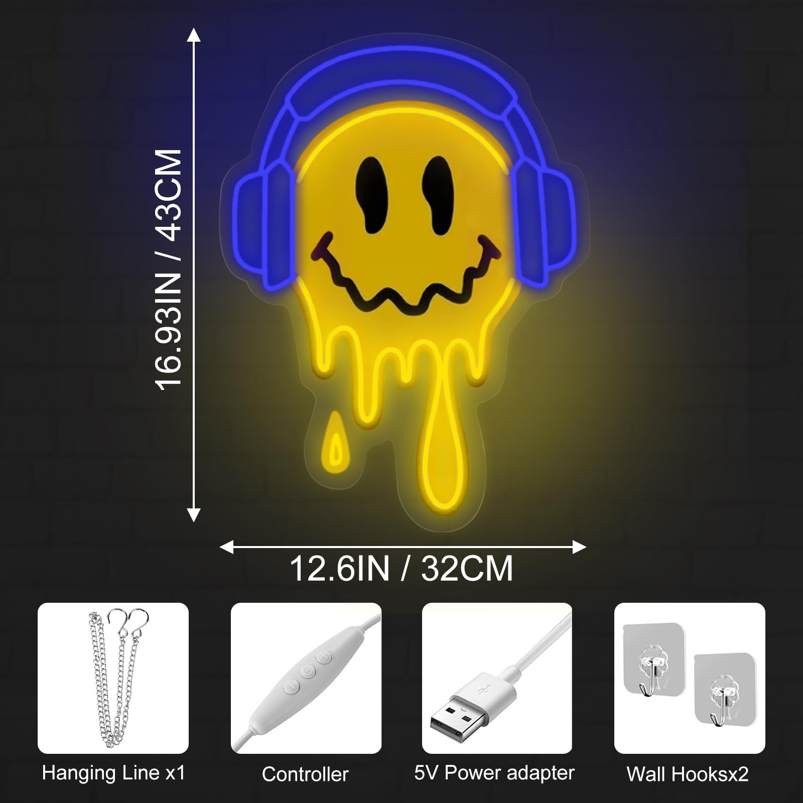 Melting Smile Face With Headphone Neon Sign For Wall Decor Neon Smile Light Signs For Kids Room Bar Party Bedroom Decor Lamp Personalized Gifts Kids Room  Wedding Decoration  Holiday Gift-Blue
