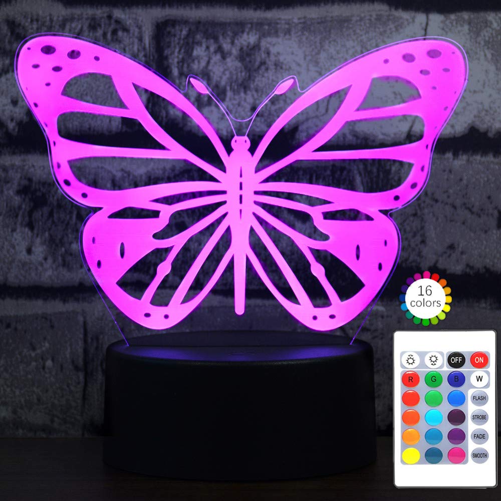 i-CHONY Butterfly 3D Night Light Lamp with Remote Control, 7 Colors, USB Powered, Model ch-59156, Perfect Birthday Gift for Women and Teens