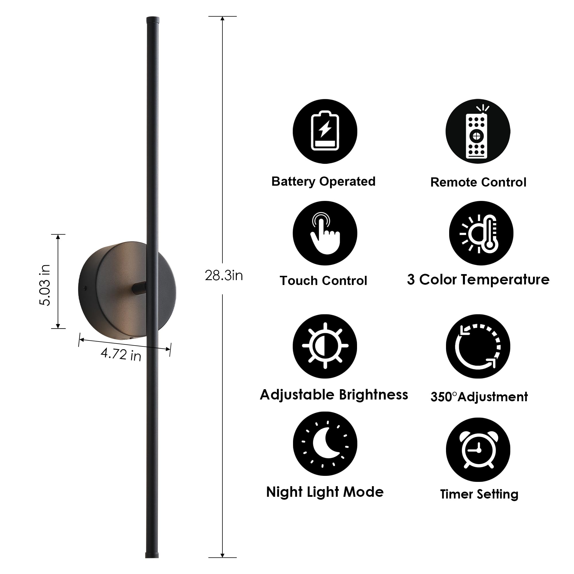 KARTOOSH Wireless Wall Sconces, 350° Rotate, Remote Control, 3 Color Temperatures, 28.3 Inch, Black, 2 Pack, Model ZM326BB