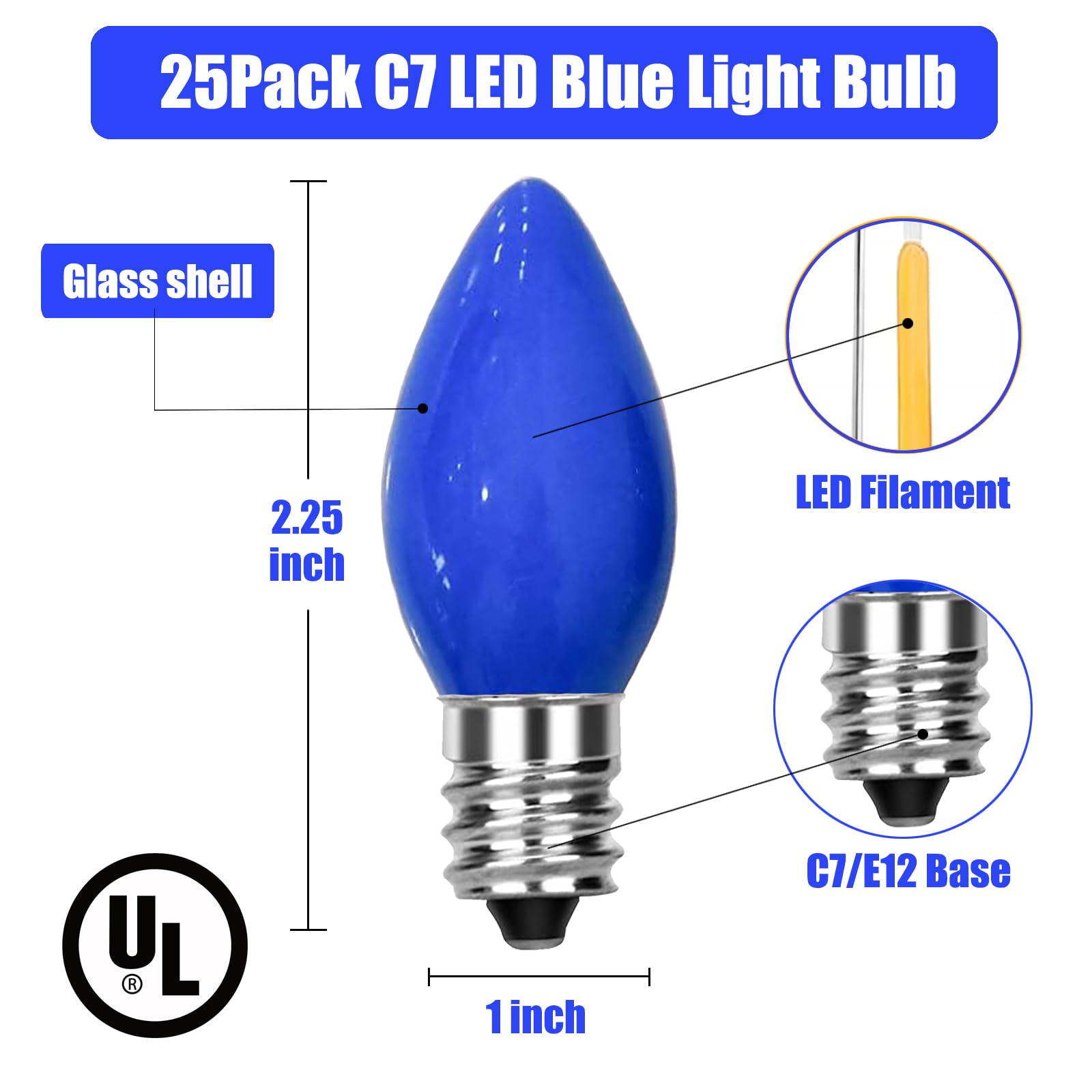 Sunsgne C7 Led Blue Replacement Christmas Light Bulbs, 0.6W Led E12 Candelabra Base Bulbs - Great For Christmas Outdoor String L