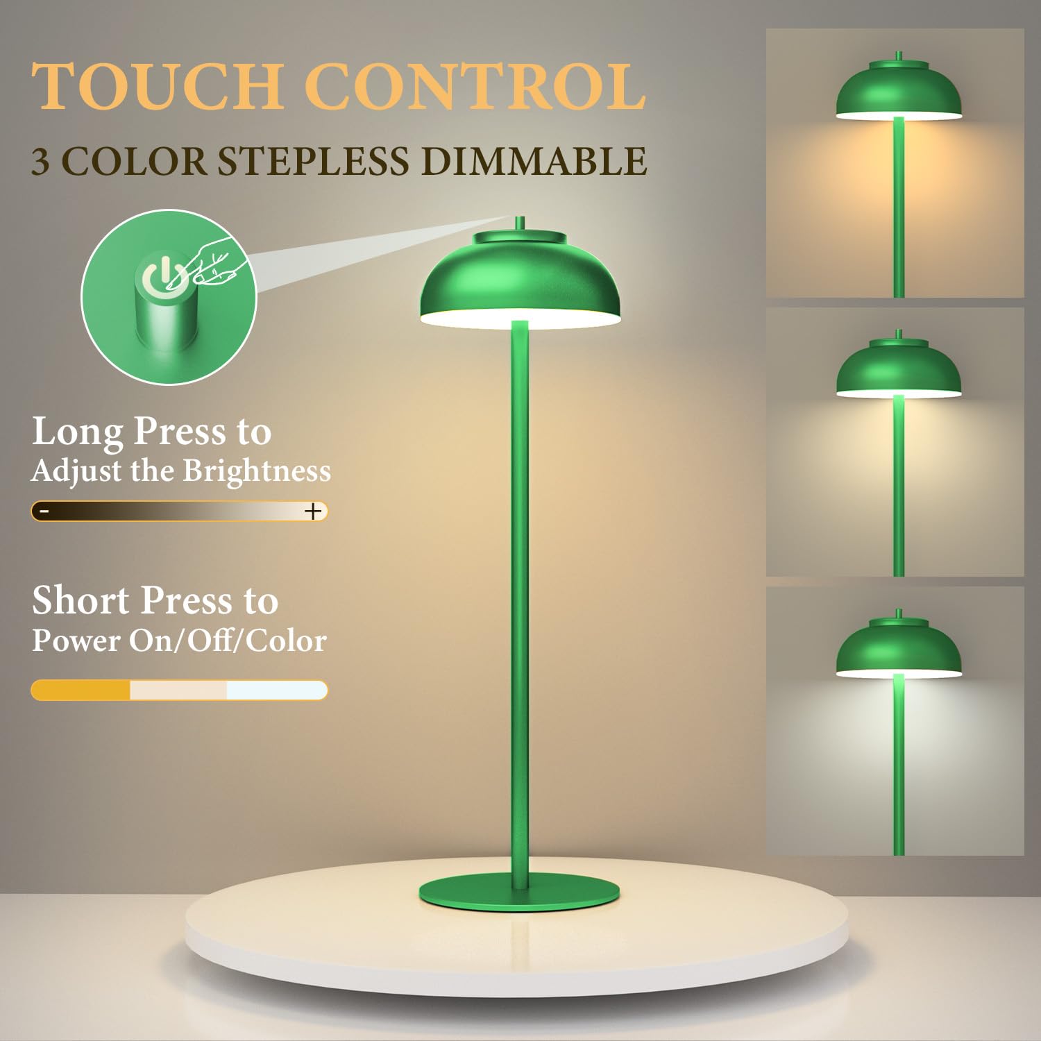 Moragin Green Cordless Table Lamps Set of 2, Rechargeable, IP65 Waterproof, Touch Control, Battery Operated, Metal