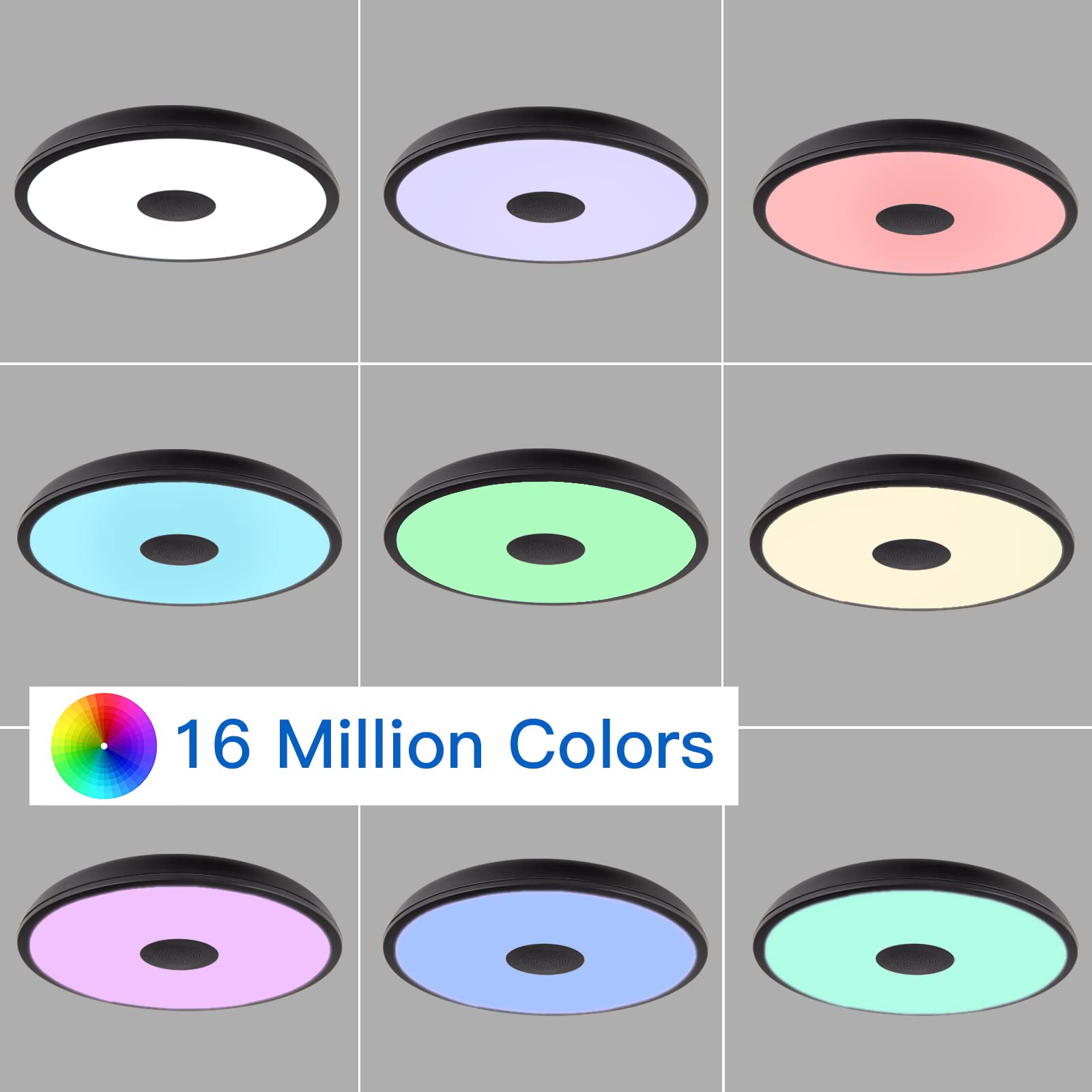 Asall Black Waterproof Led Ceiling Light Fixture,With Bluetooth Speaker,11 Inch,18 Watt, 2700K-6500K Dimmable Music Lamp,Rgb Col