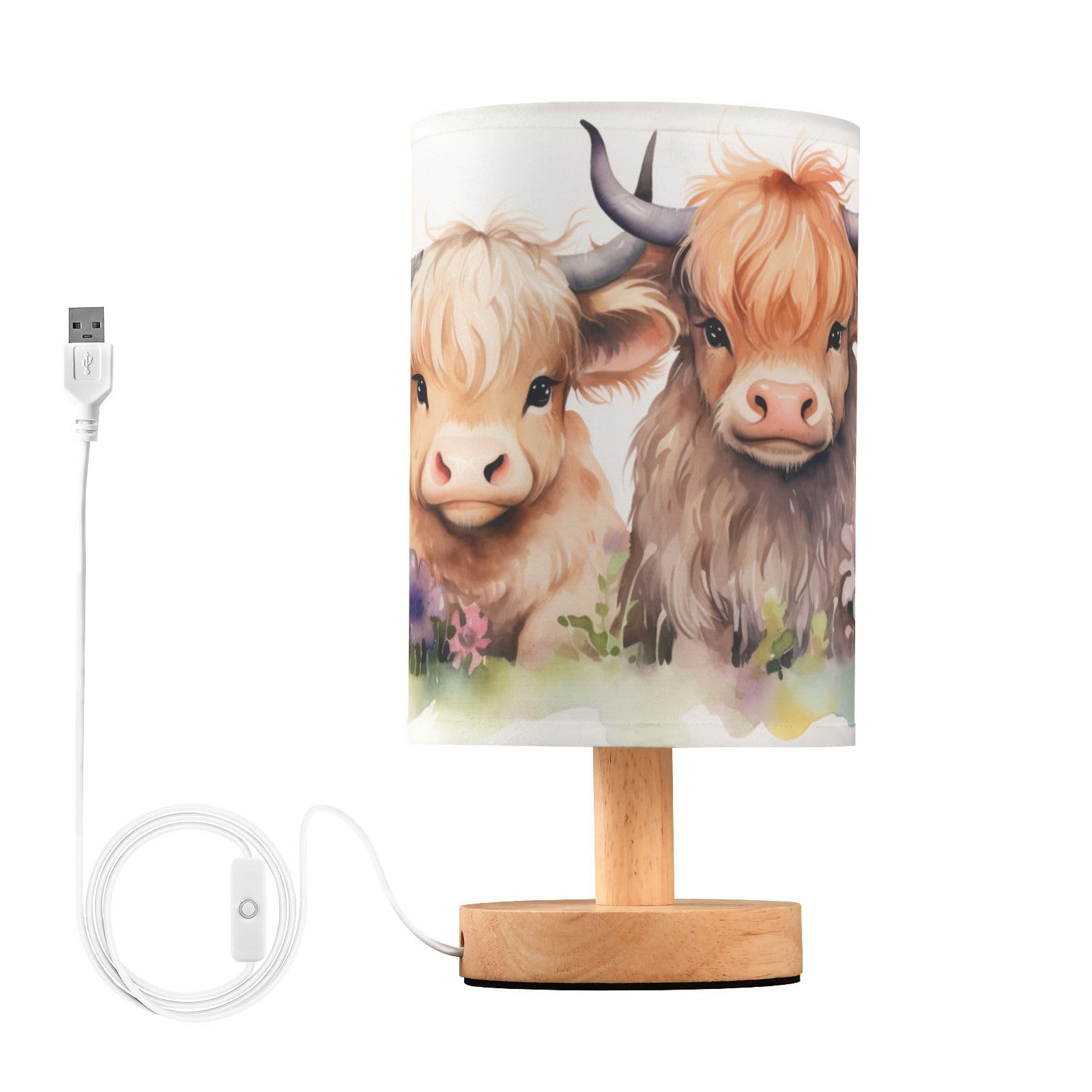 Oarencol Bedside Table Lamp Cute Highland Cows Flower Nightstand Lamp with Wood Desk Lamps for Bedroom Living Room Nursery Offic