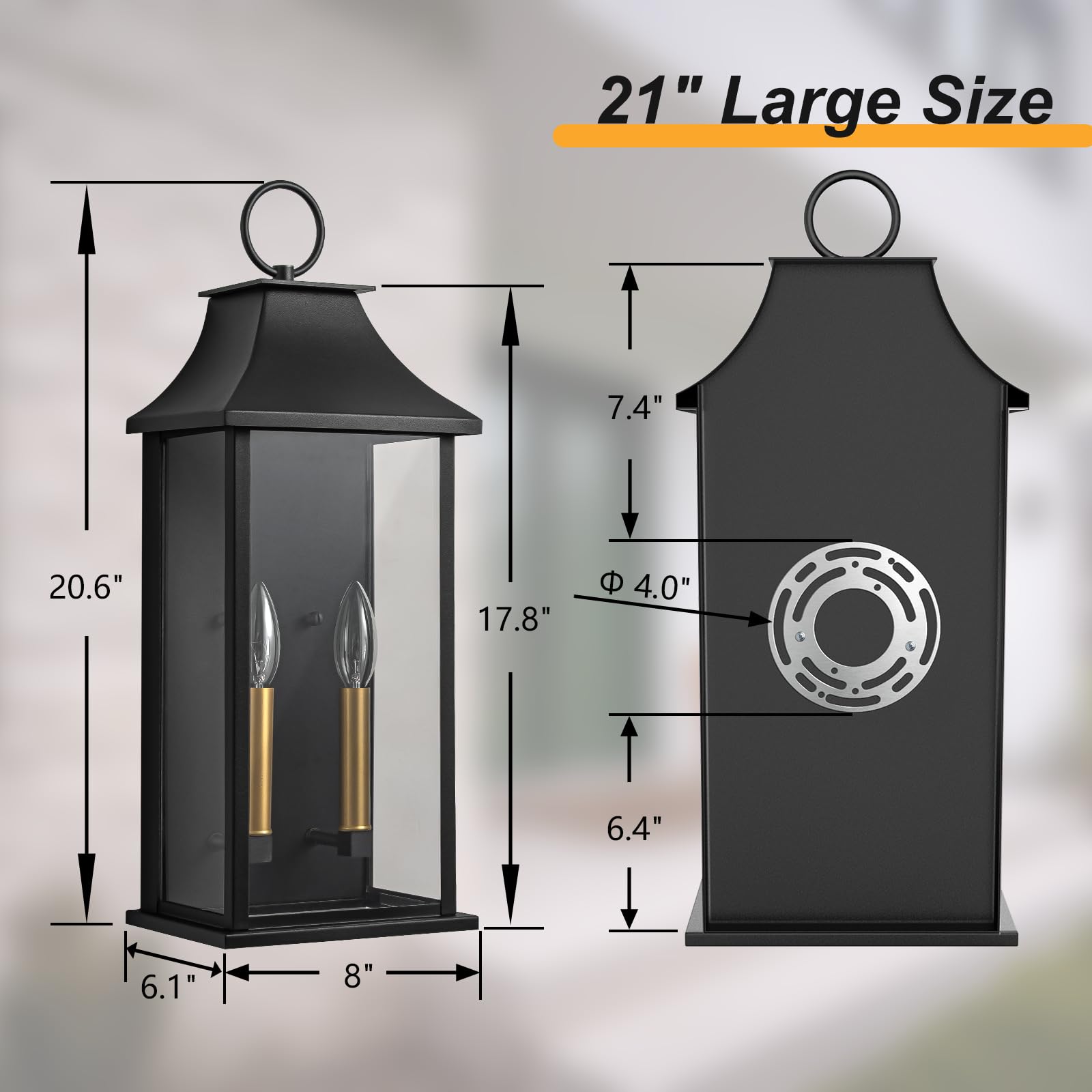 Lawyettle 21" Dusk to Dawn Outdoor Wall Lantern, Black Metal Sconce, Waterproof 2-Light Fixture for House, Porch, Garage - Model XG7008O-W2BK