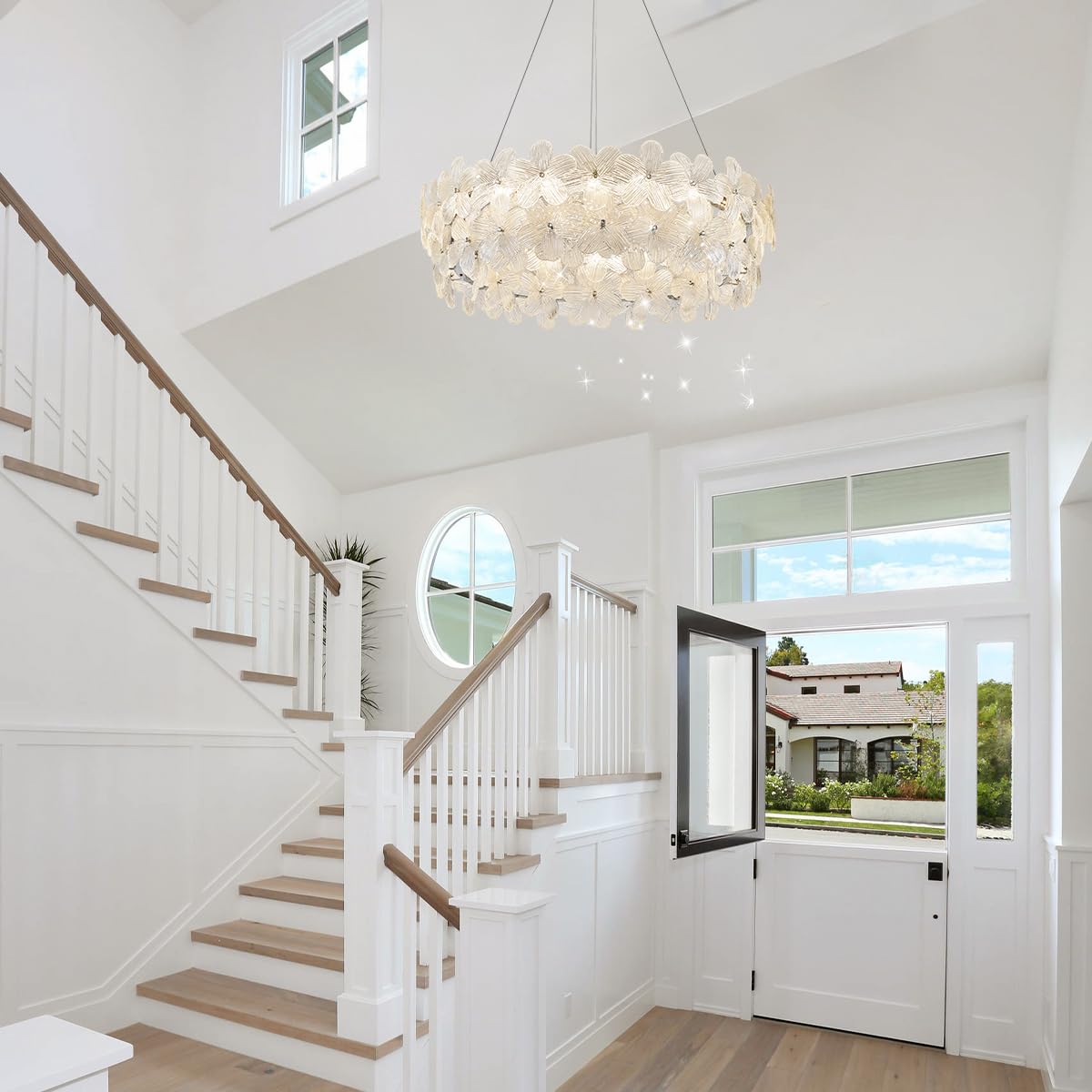 Poemoon 32'' Flower LED Chandelier, Chrome, Dimmable, Remote Control, Modern Lighting for High Ceilings, Model P50-800C1
