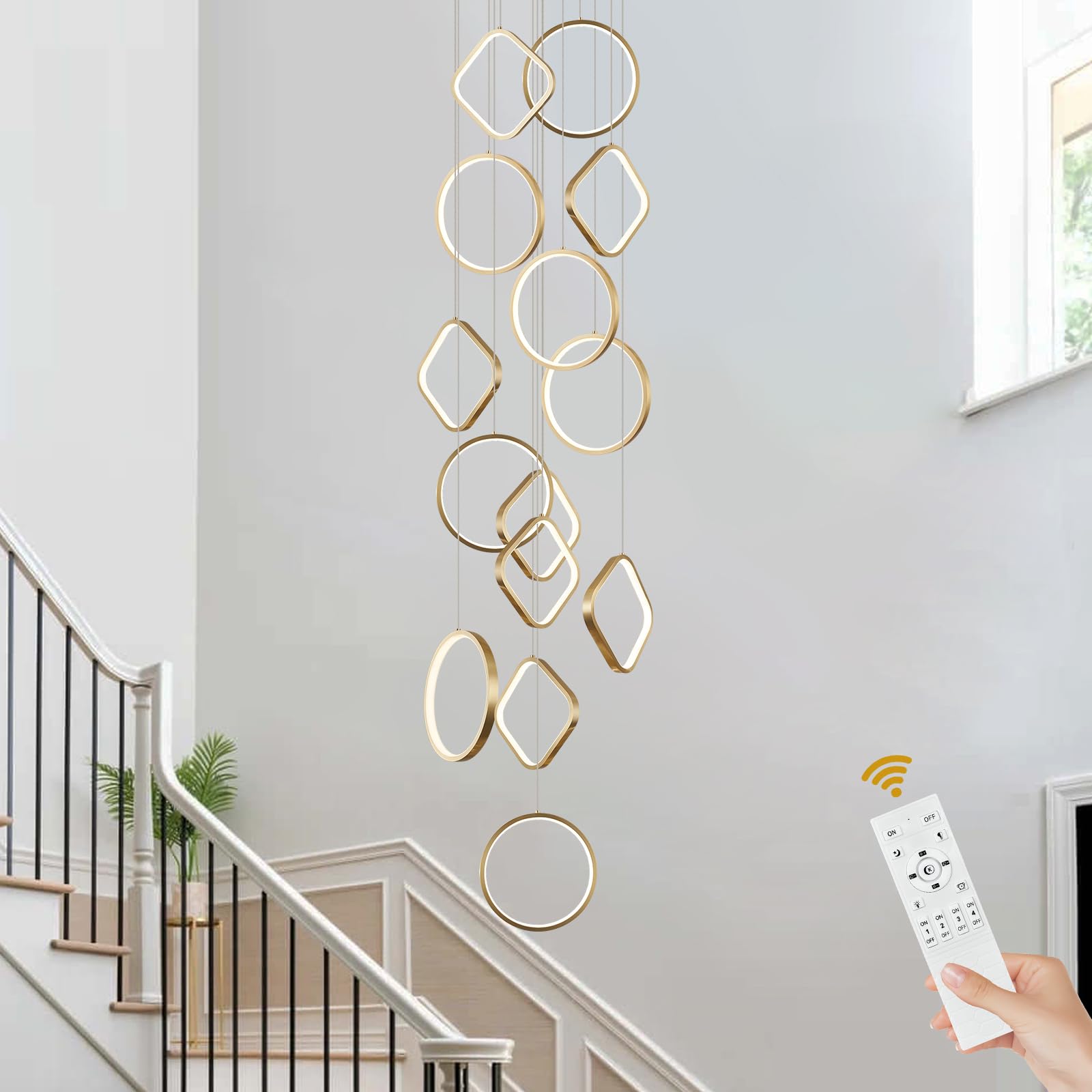 AIRYPHANT Gold LED Chandelier, 14-Light Modern Design for High Ceilings, Dimmable, Model P2001-14GDC1