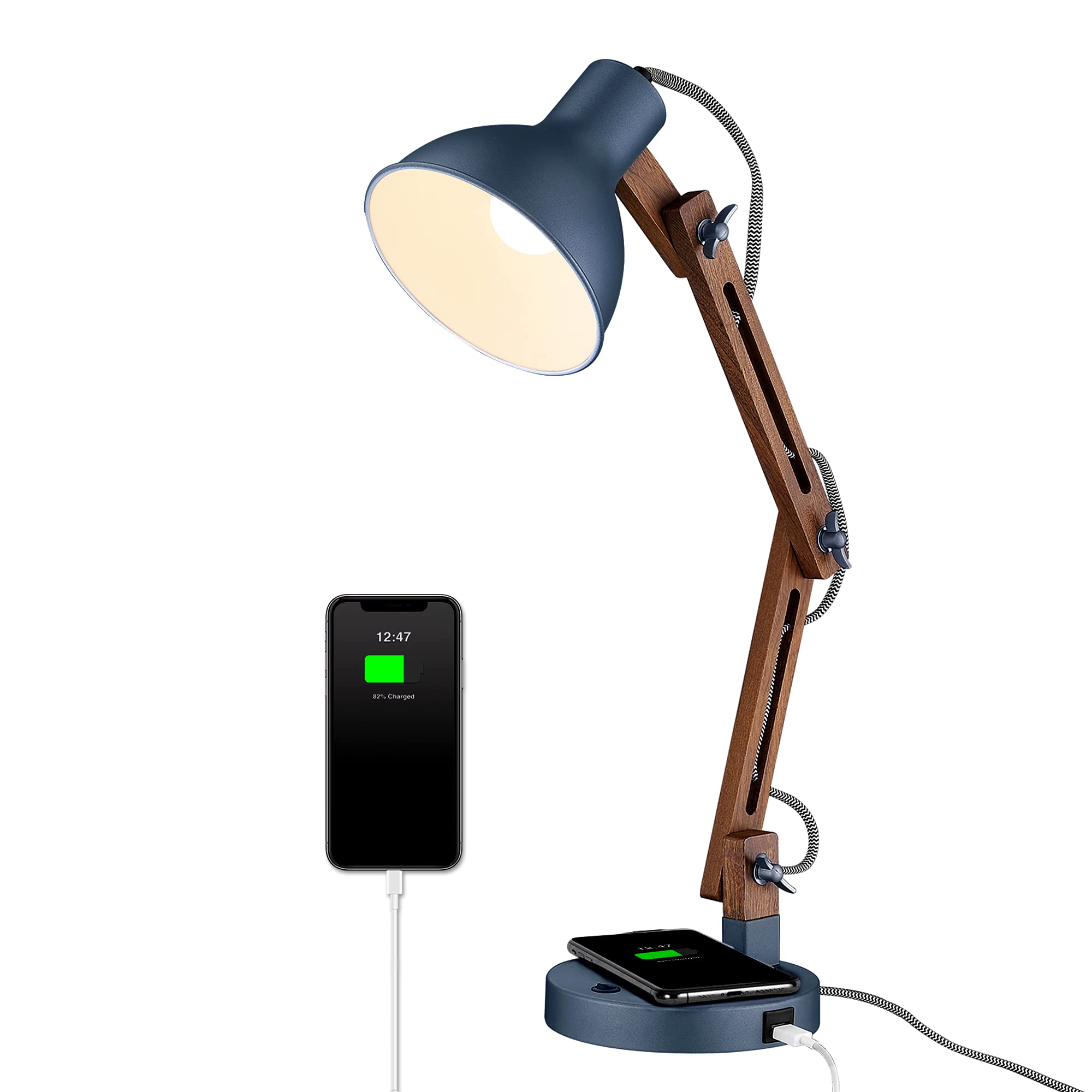 Elyona Sapele Wood Desk Lamp With Wireless Charger & Usb C Port - Modern Blue Led Task Light