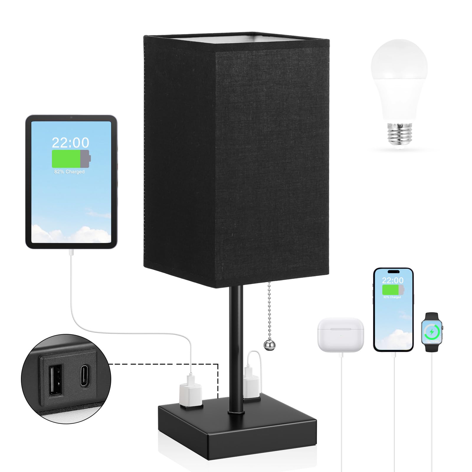 Aooshine Black Medium Table Lamp With Usb Ports - 3 Color Temperature Bedside Lamp For Bedroom, Pull Chain Control, Usb A And C