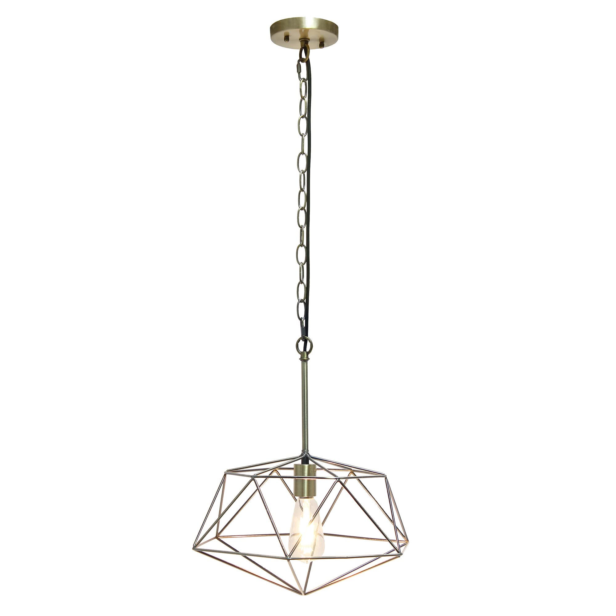 Elegant Designs PT1011-ABS 16in Geometric Diamond Pendant Light Fixture, Antique Brass, Metal Wire Cage, Industrial Style