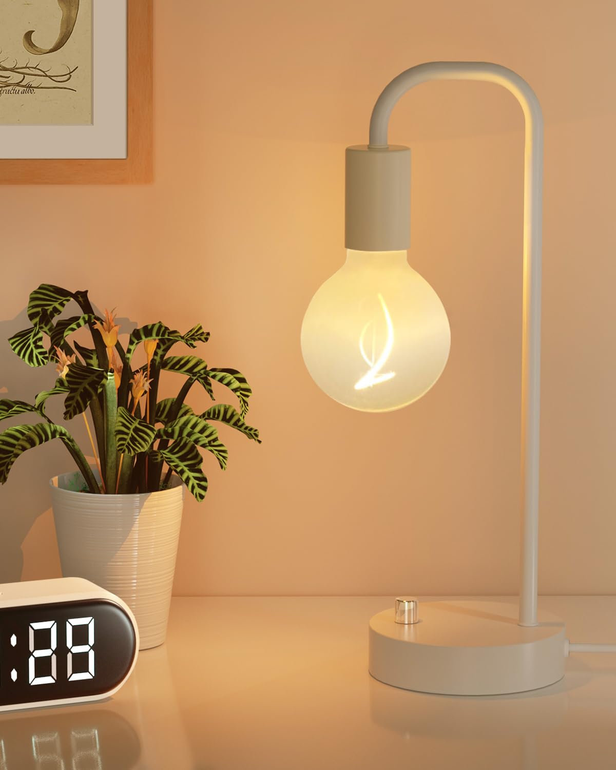 Onewish Dimmable White Table Lamp For Bedroom, Modern Metal Nightstand Lamp With Warm Light Bulb