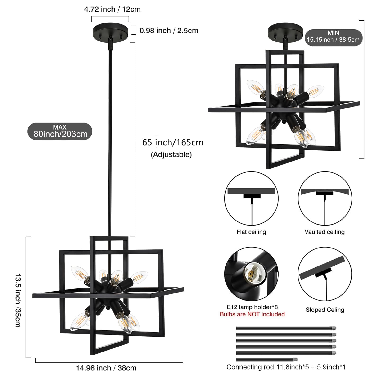 Goomavi Small Modern Lantern Chandeliers, Geometric Black Pendant Lighting, 8-Light Industrial Hanging Chandelier Light Fixture
