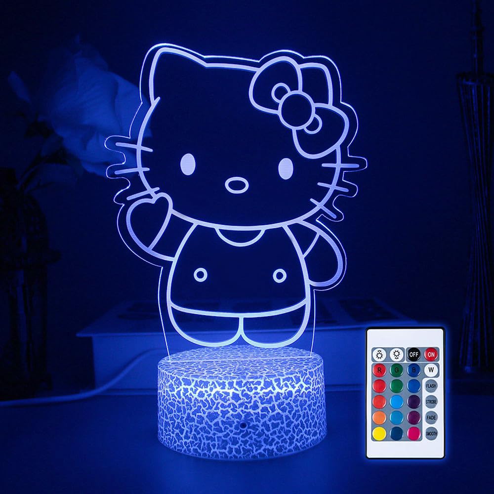 Atimomiao 3D Night Light - Cute Cat Illusion Lamp, 16 Colors, Remote Control, Acrylic, 8x2x6 inches, Model HT02