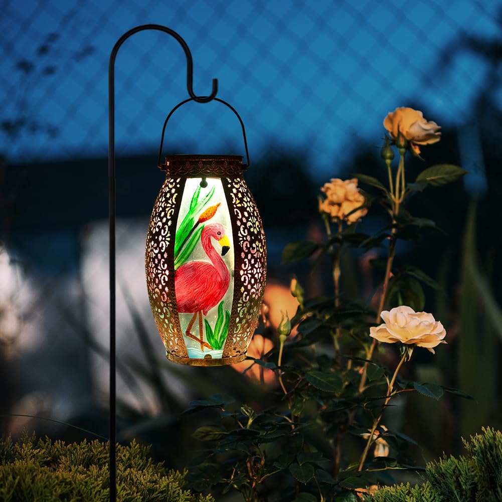 Sunnygarden Flamingo Hanging Solar Lantern Waterproof Outdooor, Metal & Glass Large Solar Lights Garden Table Yard Decor Farmhou