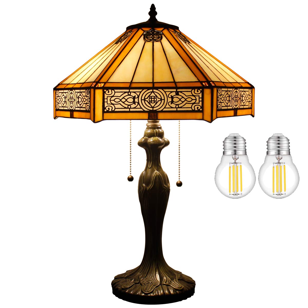 WERFACTORY Tiffany Table Lamp Yellow Hexagon Stained Glass Bedside Lamp Mission 16X16X24 Inches Desk Reading Light Metal Base De