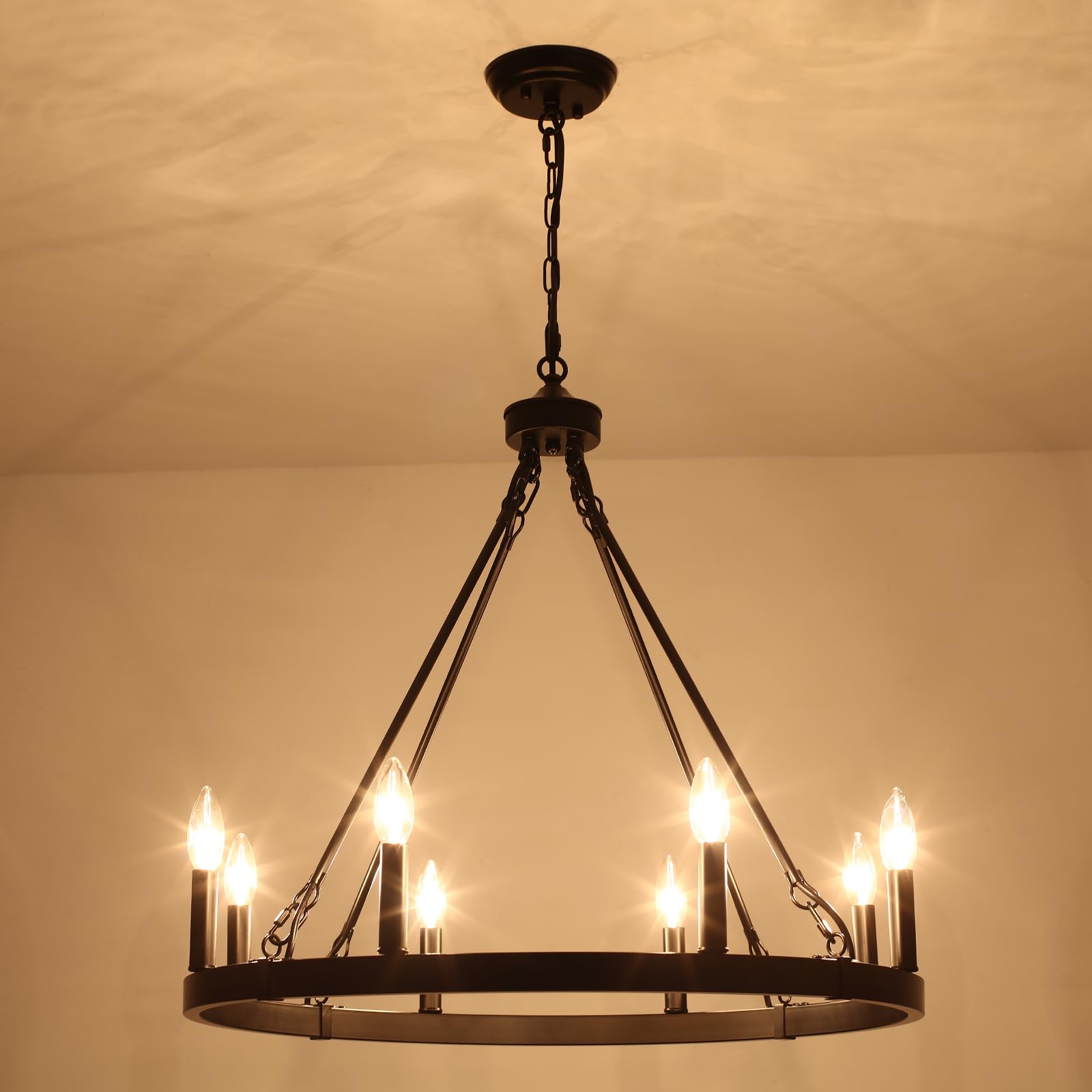 Zjvaive Black Wagon Wheel Chandelier Diam 26 Inch 8 Light Black Farmhouse Chandeliers For Dining Room Rustic Round Pendant Light