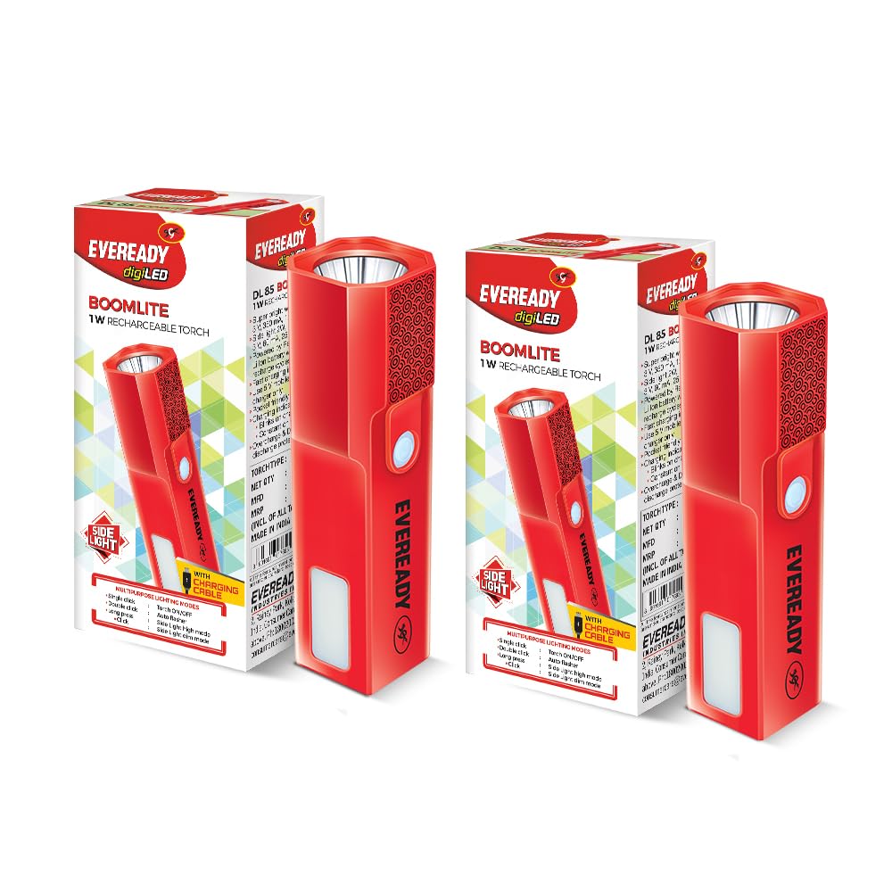 Eveready Boomlite Rechargeable Torch | DL85 | 4 Lighting Modes | 1W Torch & 2W Emergency Side Light | ECT Technology with Micro 