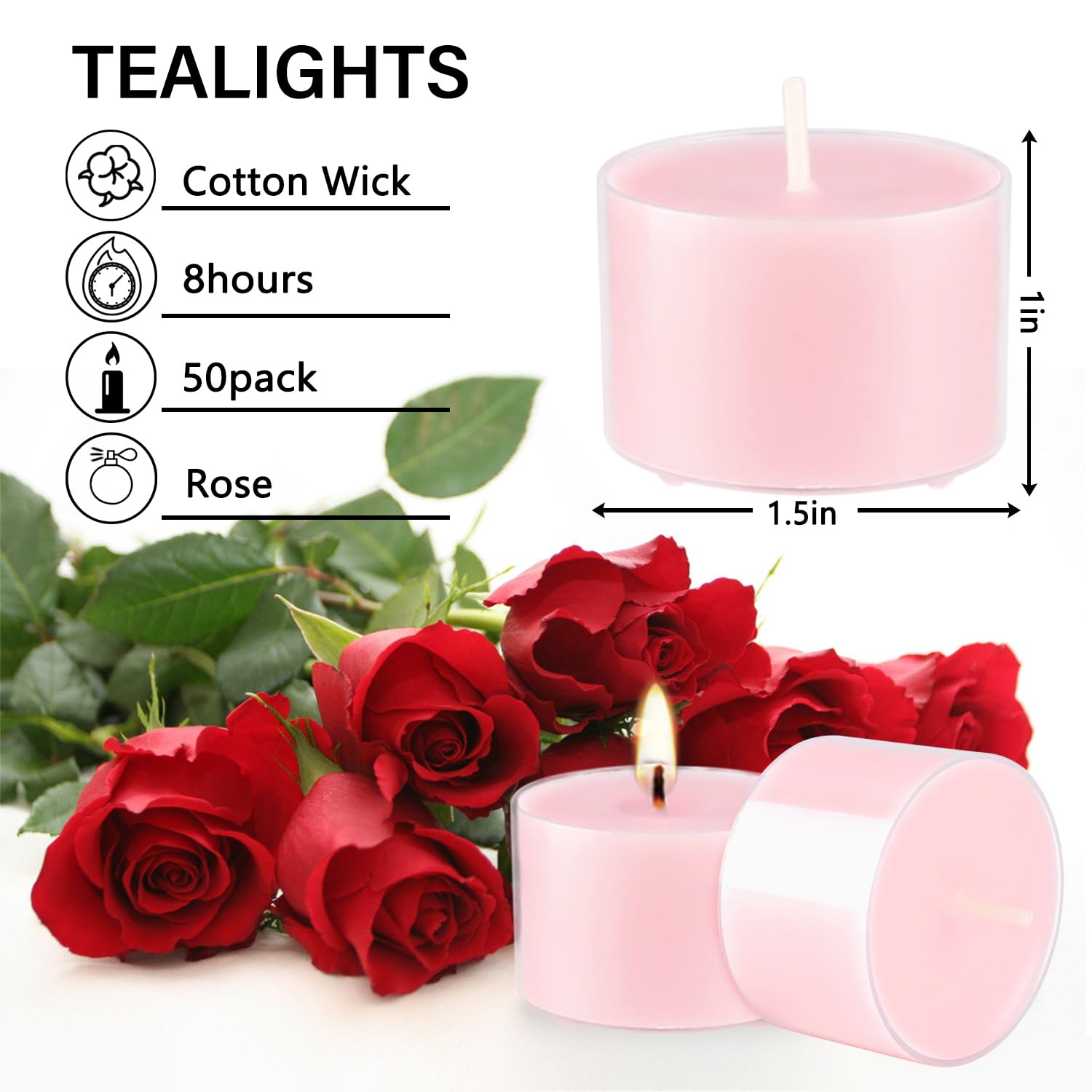 Wfmolcand Rose Scented Tealight Candles, 8 Hours Burn Time, Glass, Pink, 50 Pack, Model 125jhh, 1 Inch Size