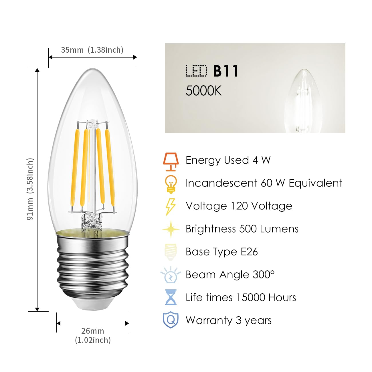 LVWIT LED Filament Bulb E26 4W 5000K Daylight White 500 Lumens, Pack of 12, Glass