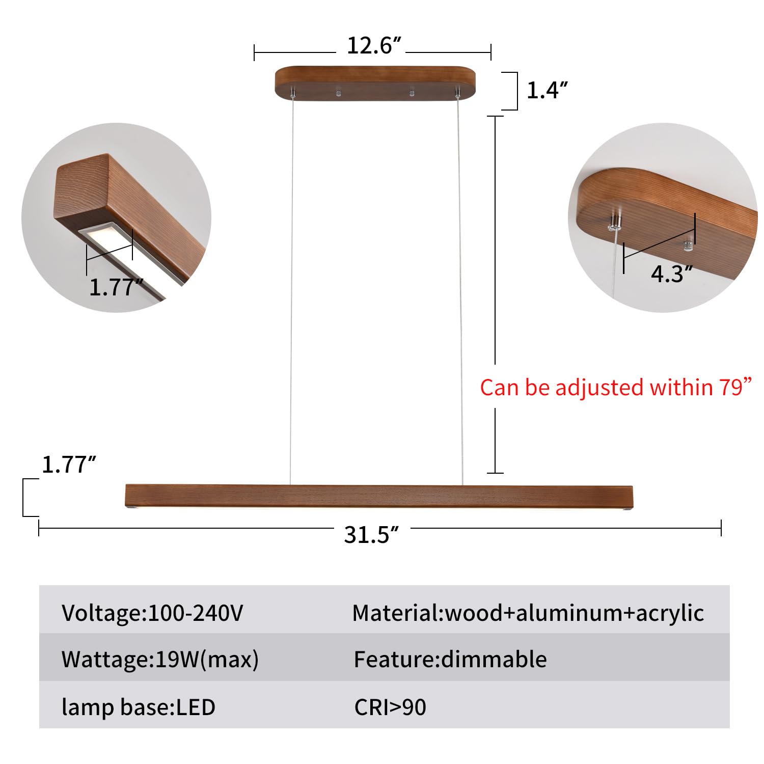 31.5 Wood Linear Pendant Light - Dimmable Led Chandelier With Remote  Adjustable Modern Farmhouse Lighting For Kitchen Islands  Dining Rooms & Bars Walnut Color (19W Energy-Efficient)