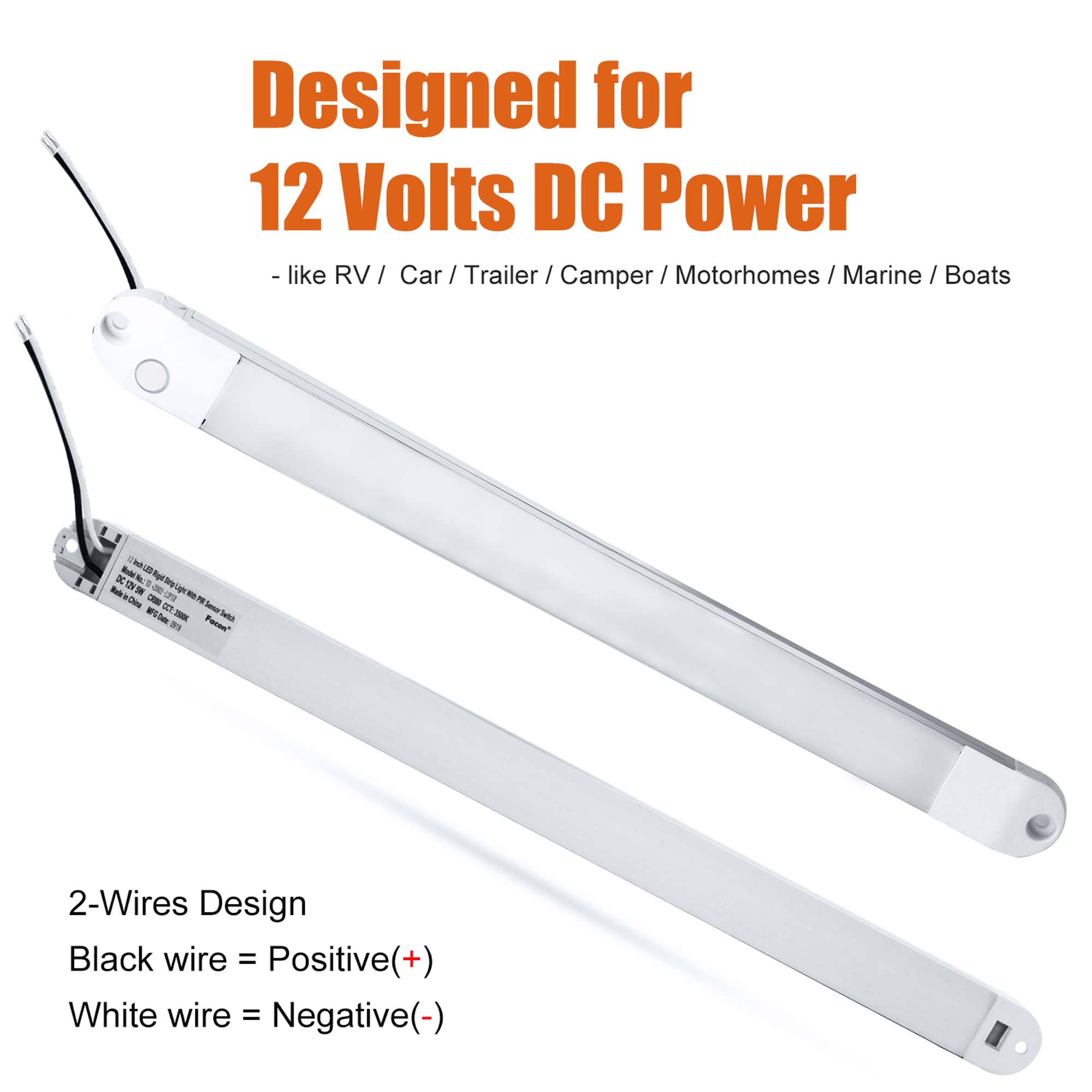 Facon 13-Inch LED RV Interior Light, 3000K Warm White, Aluminum, 12V with On/Off Switch, Model YD-2002-12SW