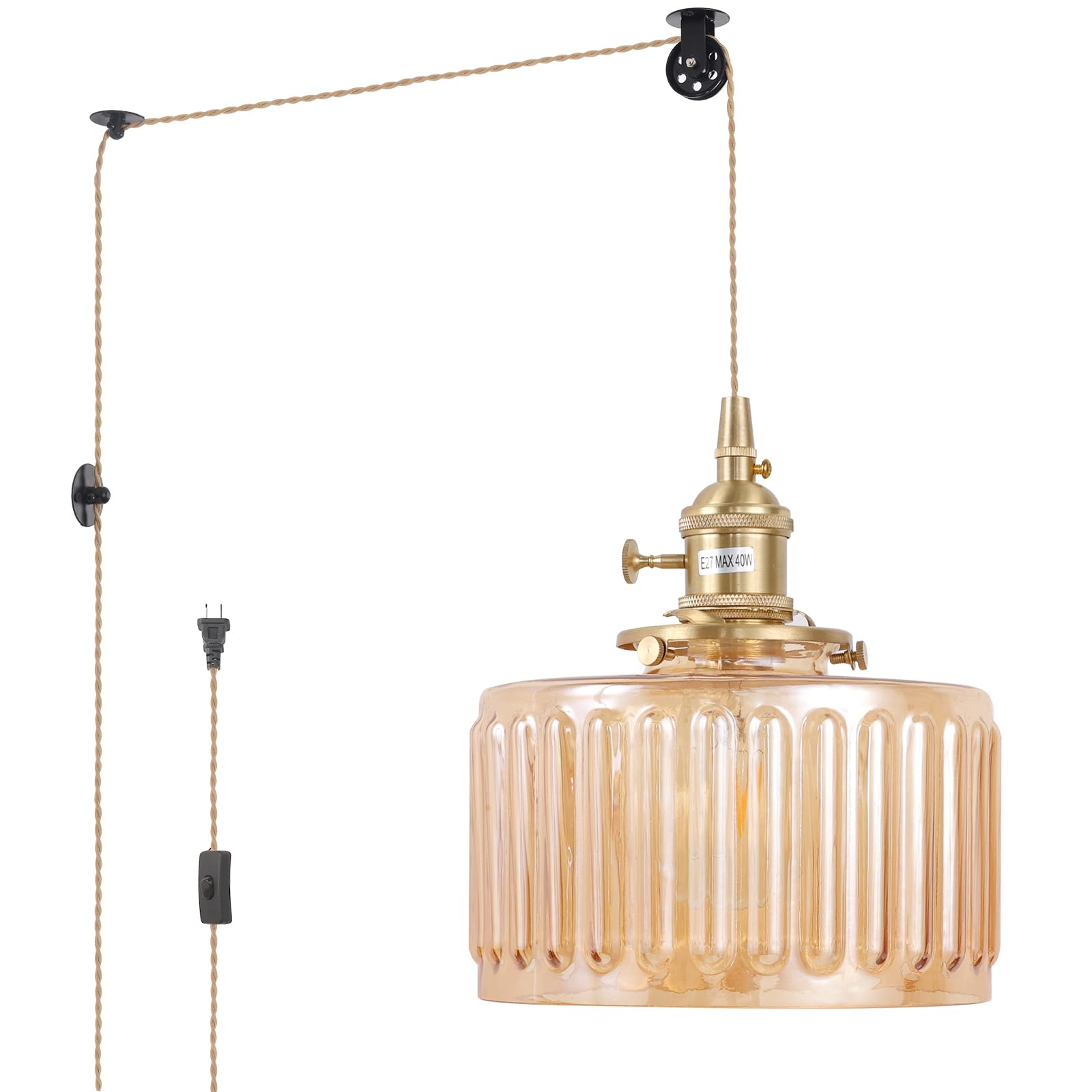 Shenmoyl Plug in Pendant Light Hanging Light Fixture Corded On/Off Switch Brass Pendant Light with Amber Striped Glass Lampshade