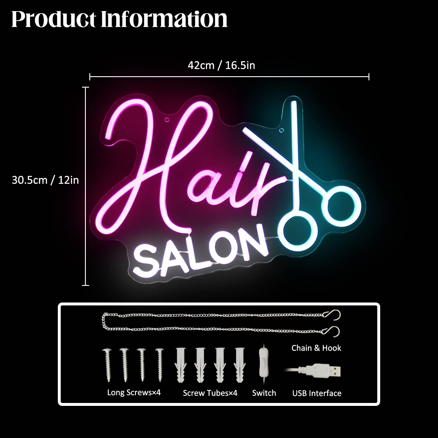 CKTBLEY Hair Salon Neon Sign, LED Wall Decor, Acrylic, Model CC-Hair Salon, Blue White Pink