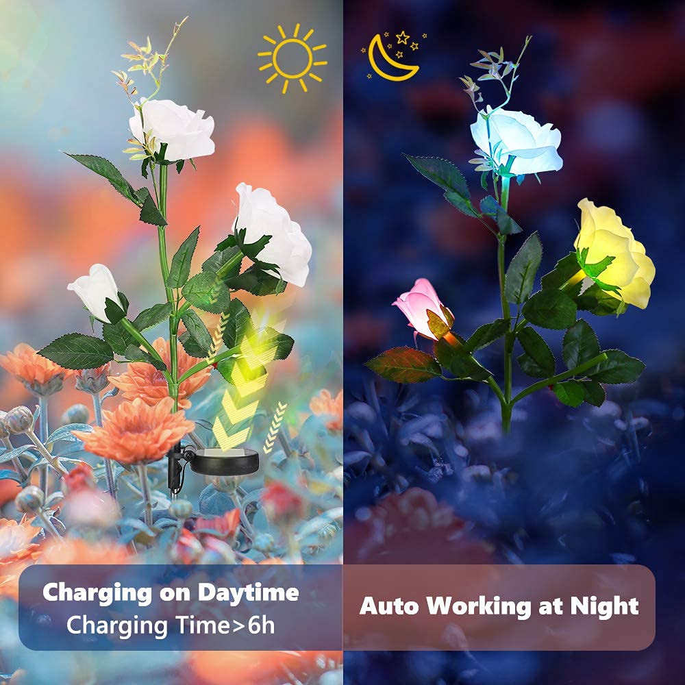 Lomotech Plastic Solar Garden Lights, 4 Pack Solar Rose Flower Lights, Multi-Color Changing Garden Decor Lights, Outdoor Decorat