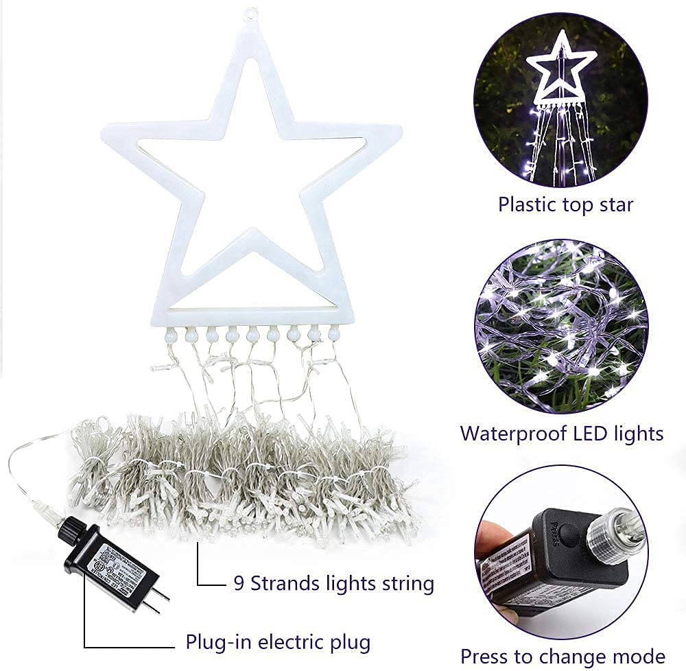 (2023 New)Outdoor Christmas Decoration Star String Lights,320 Led 16.4Ft Christmas Lights Waterfall Tree Lights With 13" Topper Star,Plug-In Hanging Fairy Lights For Xmas New Year Holiday Party