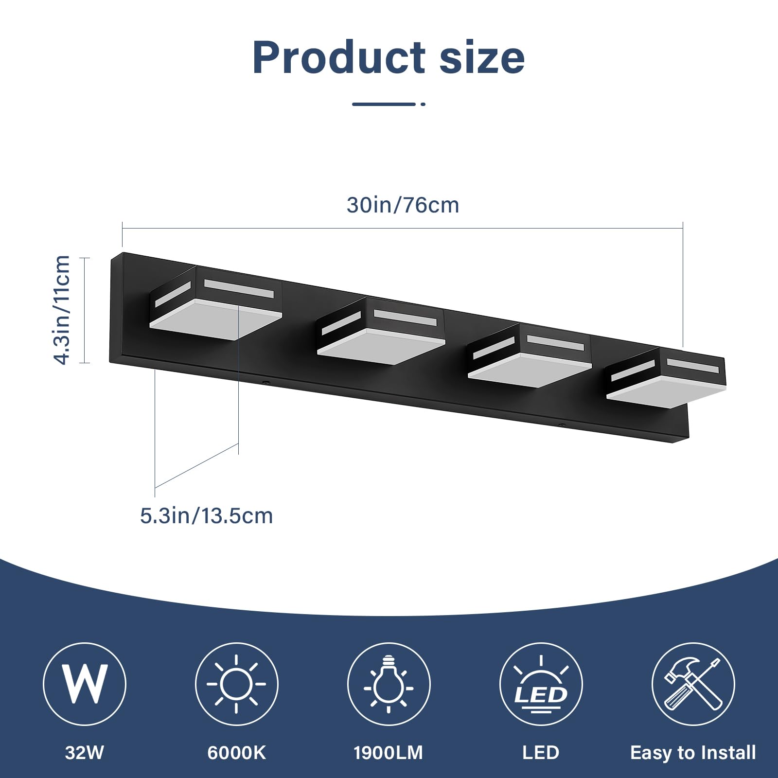 Donrao 30-Inch Modern Black LED Bathroom Vanity Light Fixture, 4-Light, Cool White 6000K, Model DY2409200003