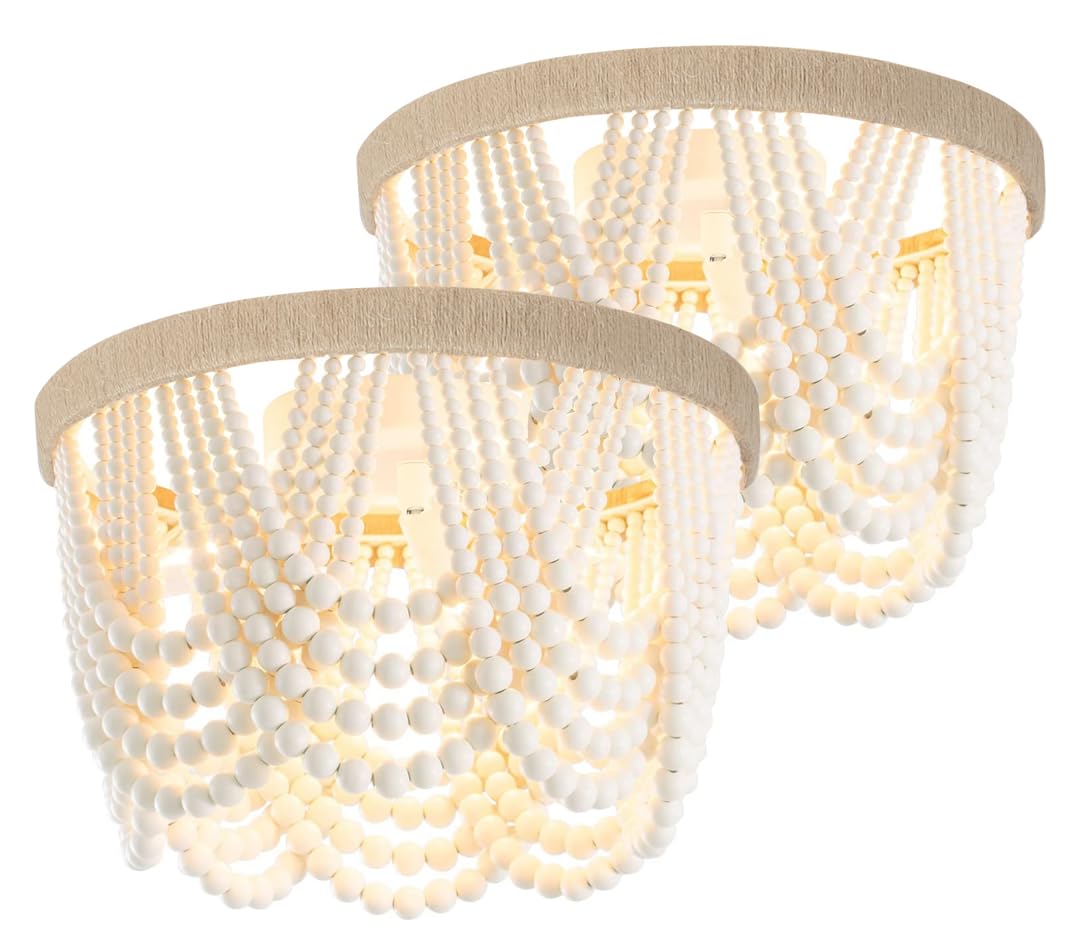 Wuhuyipi Wood Beaded Chandelier, Led Flush Mount Ceiling Light, Farmhouse Rustic Design, 2 Pack