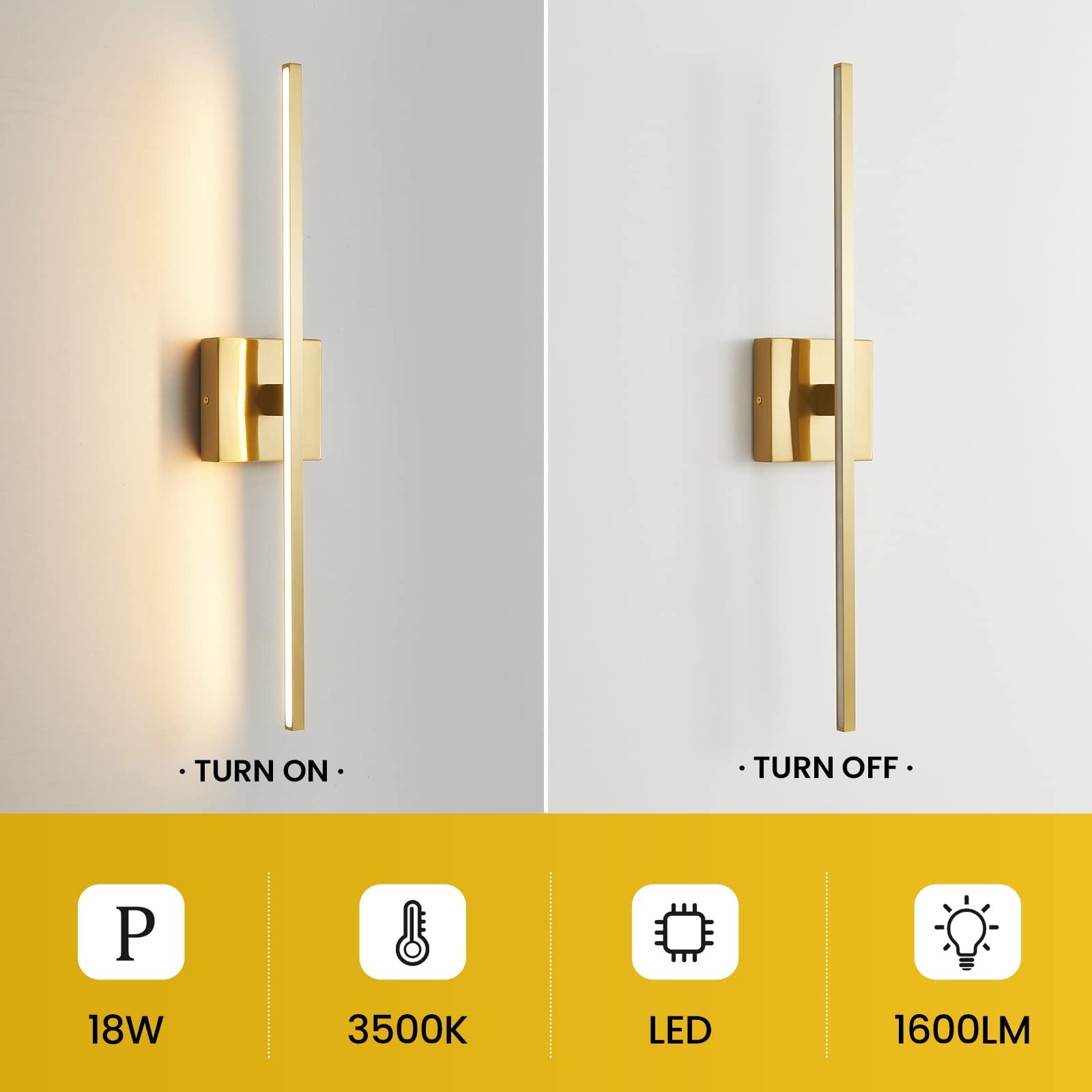 Ccycol Gold Bathroom Light Fixtures Over Mirror 24 Inch 18W Led Vanity Lights For Bathroom Modern Bath Sconces Wall Lighting 350