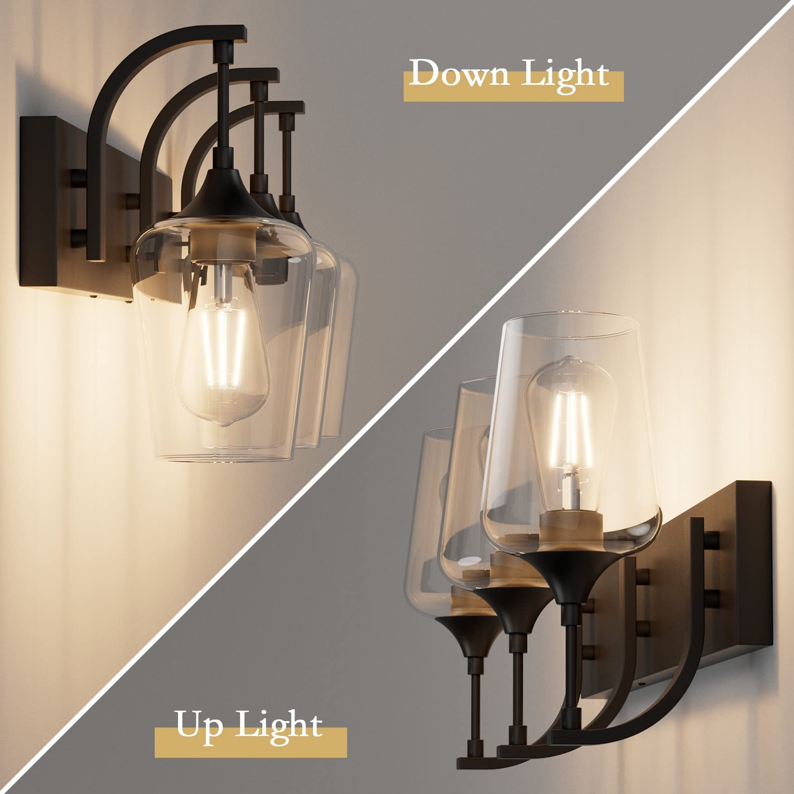 Ralbay Matte Black Vanity Light Fixtures 3-Lights Industrial Bathroom Lighting 24 Inch Clear Glass Model 1131rablay