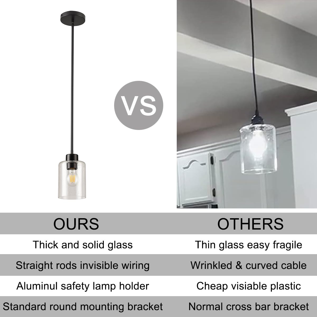 KLSS Black Pendant Lights - Seeded Glass Fixture, 12in & 4in Rods, 2 Pack, Metal