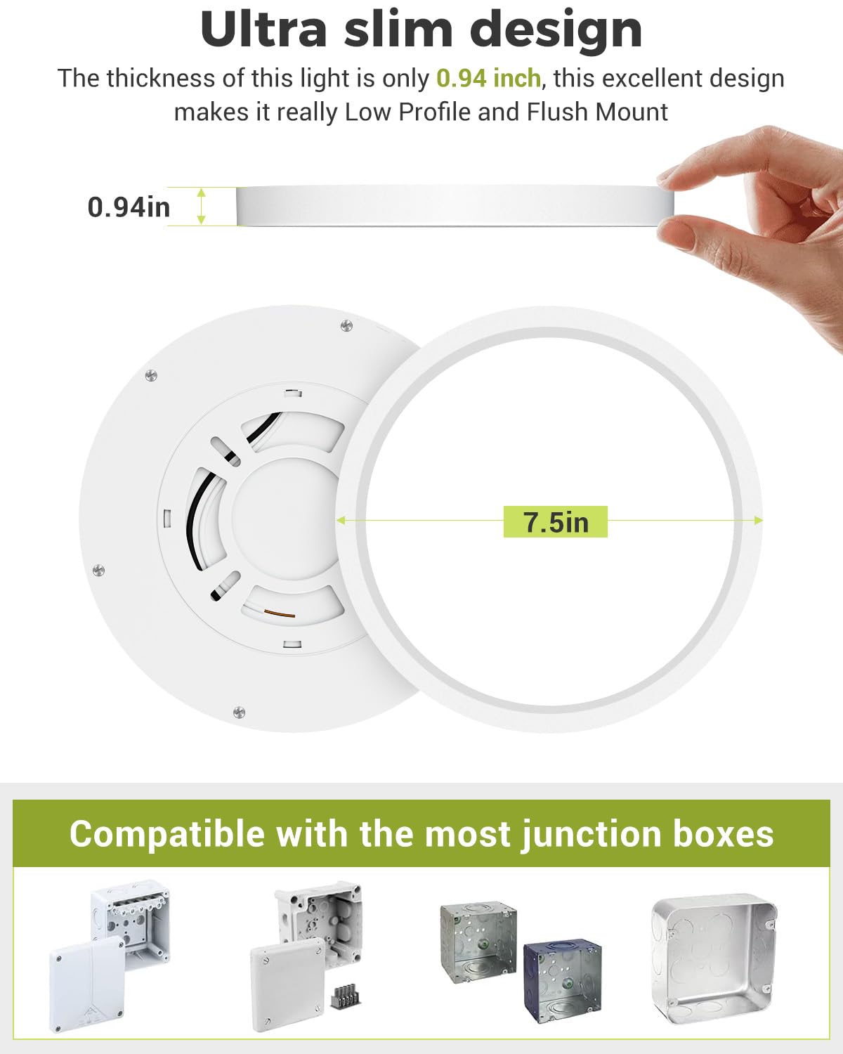 6Pack Led Flush Mount Ceiling Light, 3000K-4000K-6500K & 100W Equivalent Modern Kitchen Recessed Ceiling Lamp 15W 1500Lm 7.5 Inc