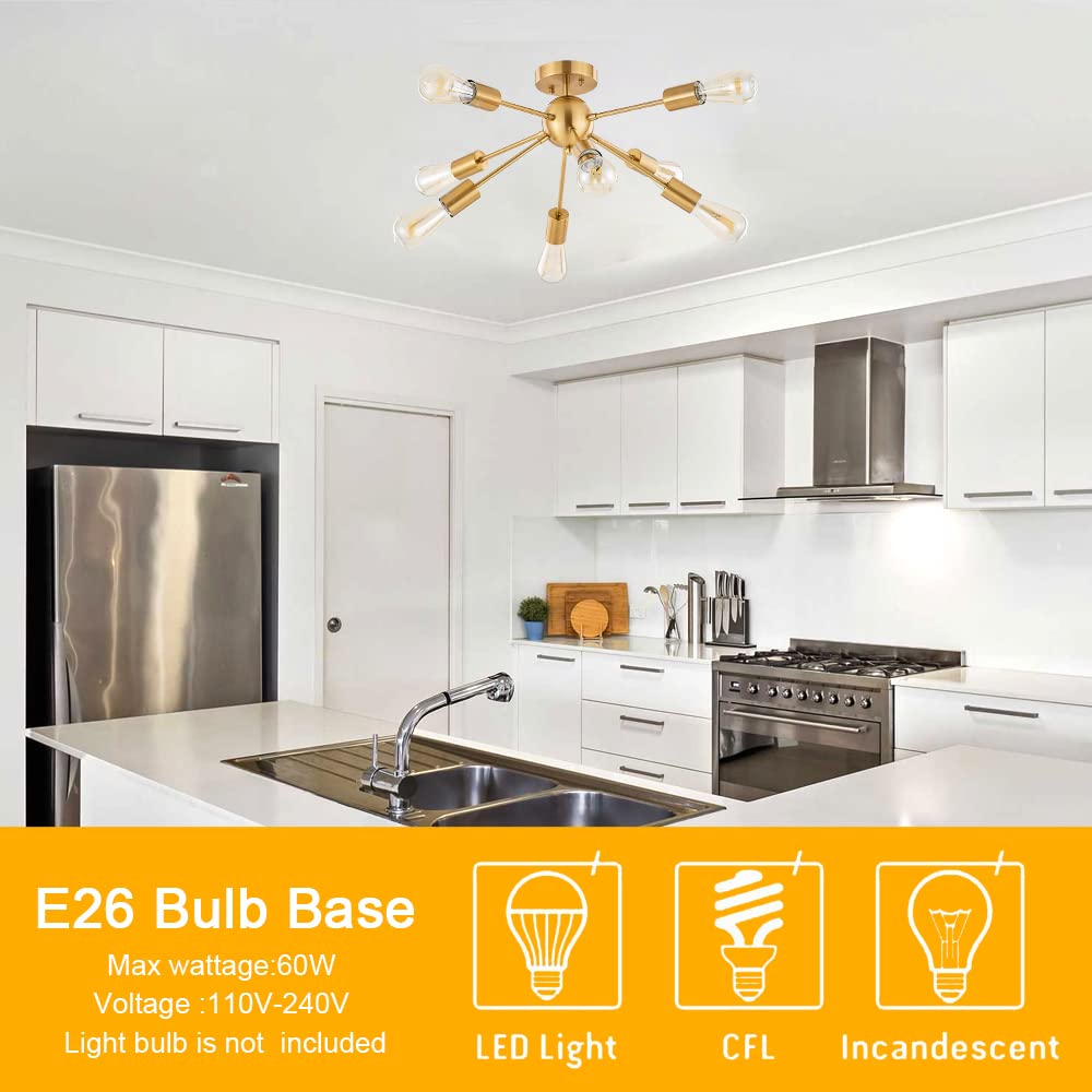 BONLICHT Sputnik Ceiling Light Modern Chandelier 8 Light Brushed Brass Semi Flush Mount for Kitchen Dining Room Bedroom