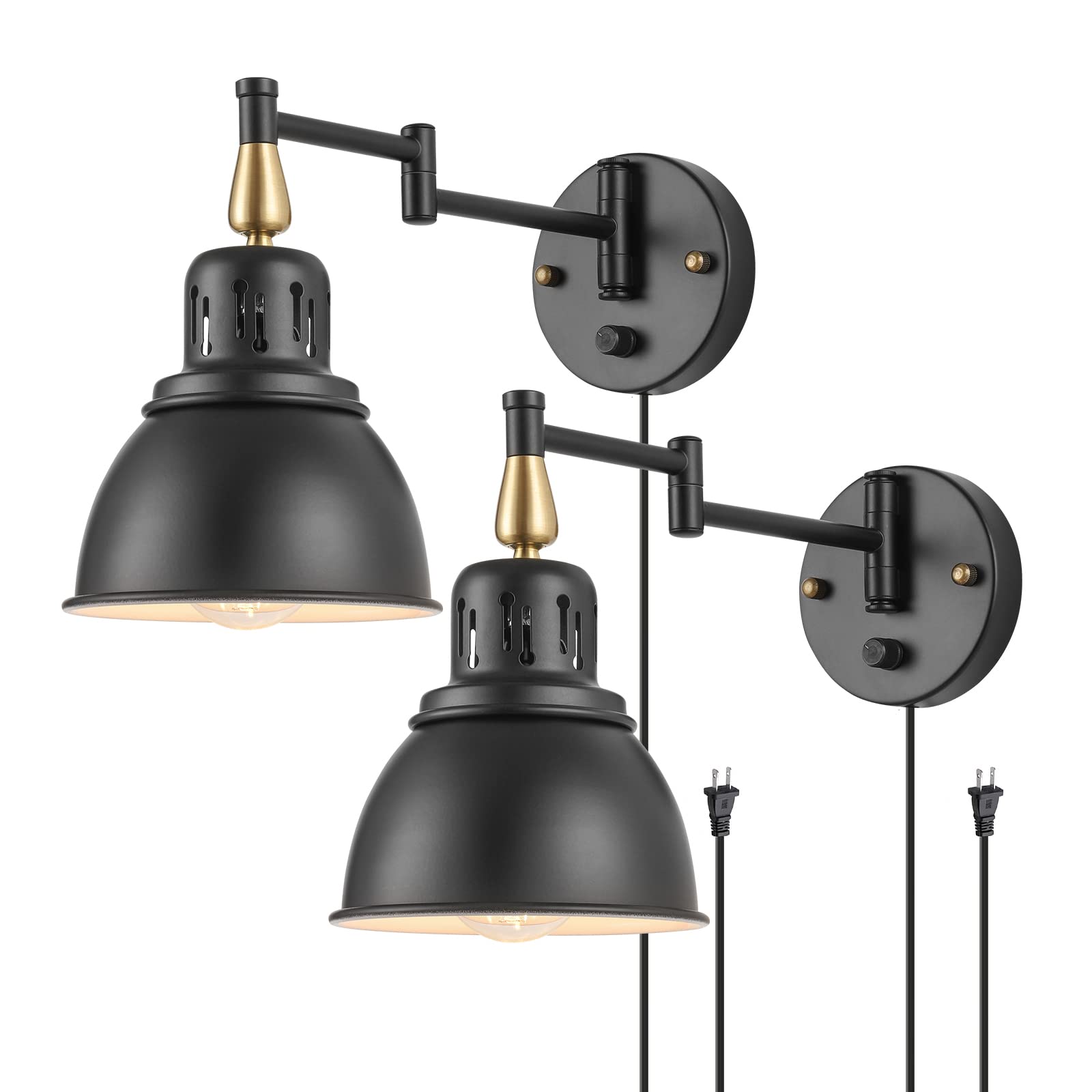 TRLIFE Dimmable Wall Sconces, Retractable Swing Arm Lamp, 6FT Cord, E26 Base, Metal, Black, 2 Pack, UL Listed, Model Arm-Sconce-