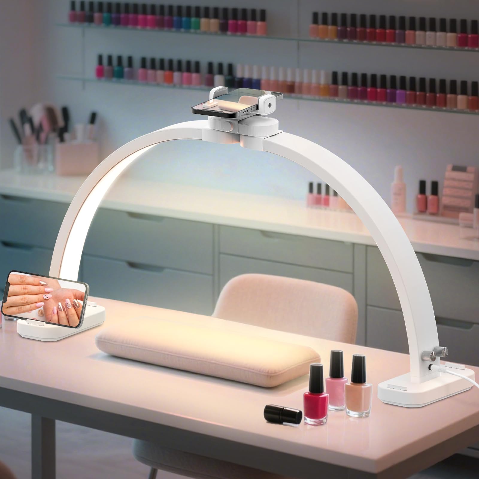 TONYFUL Half Moon Light for Nail Desk, 45W Nail Tech Light with Phone Holder, Foldable Arch Lamp with Stepless Dimming & Color T