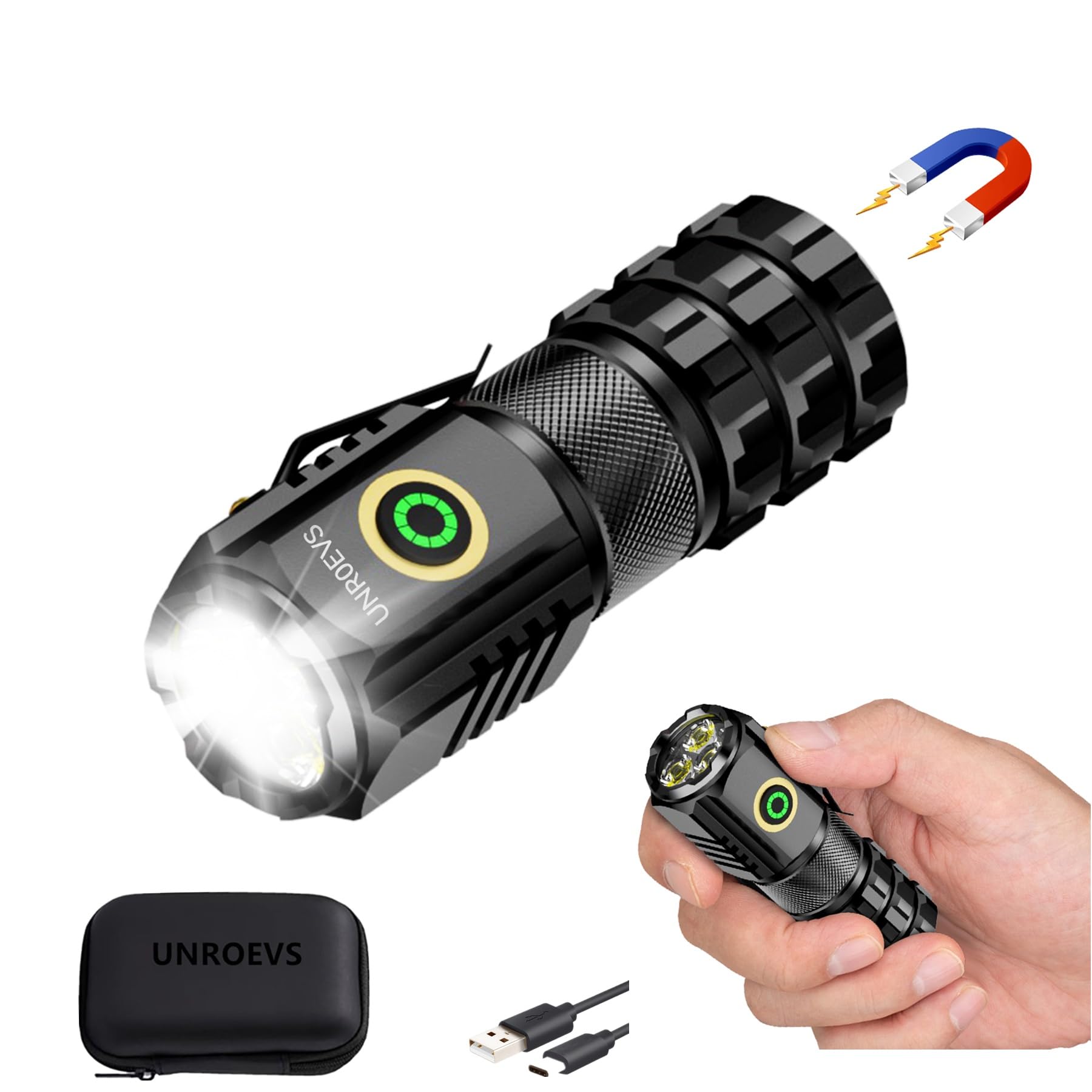 UNROEVS XC06 Mini Flashlight Rechargeable,Pocket Flashlight with Magnet,Super Bright Small Compact Flashlight,5 Modes EDC Flashl