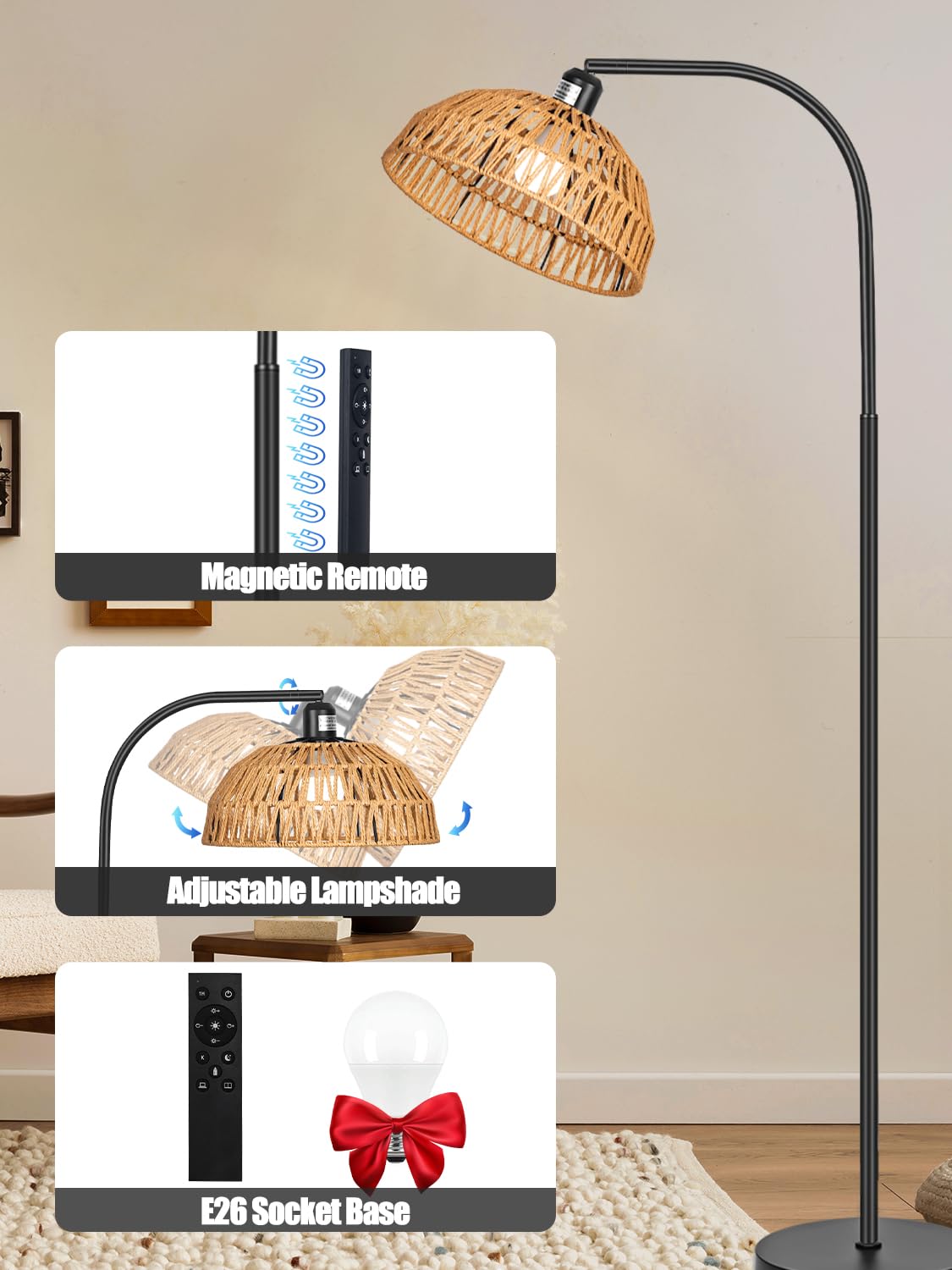 Rattan Floor Lamp- Boho Standing Lamp With Remote Control And Dimmable Bulb, Hand-Worked Adjustable Rattan Shades, Black Farmhouse Tall Lamp, Boho Arc Floor Lamps For Living Room, Bedroom, Office
