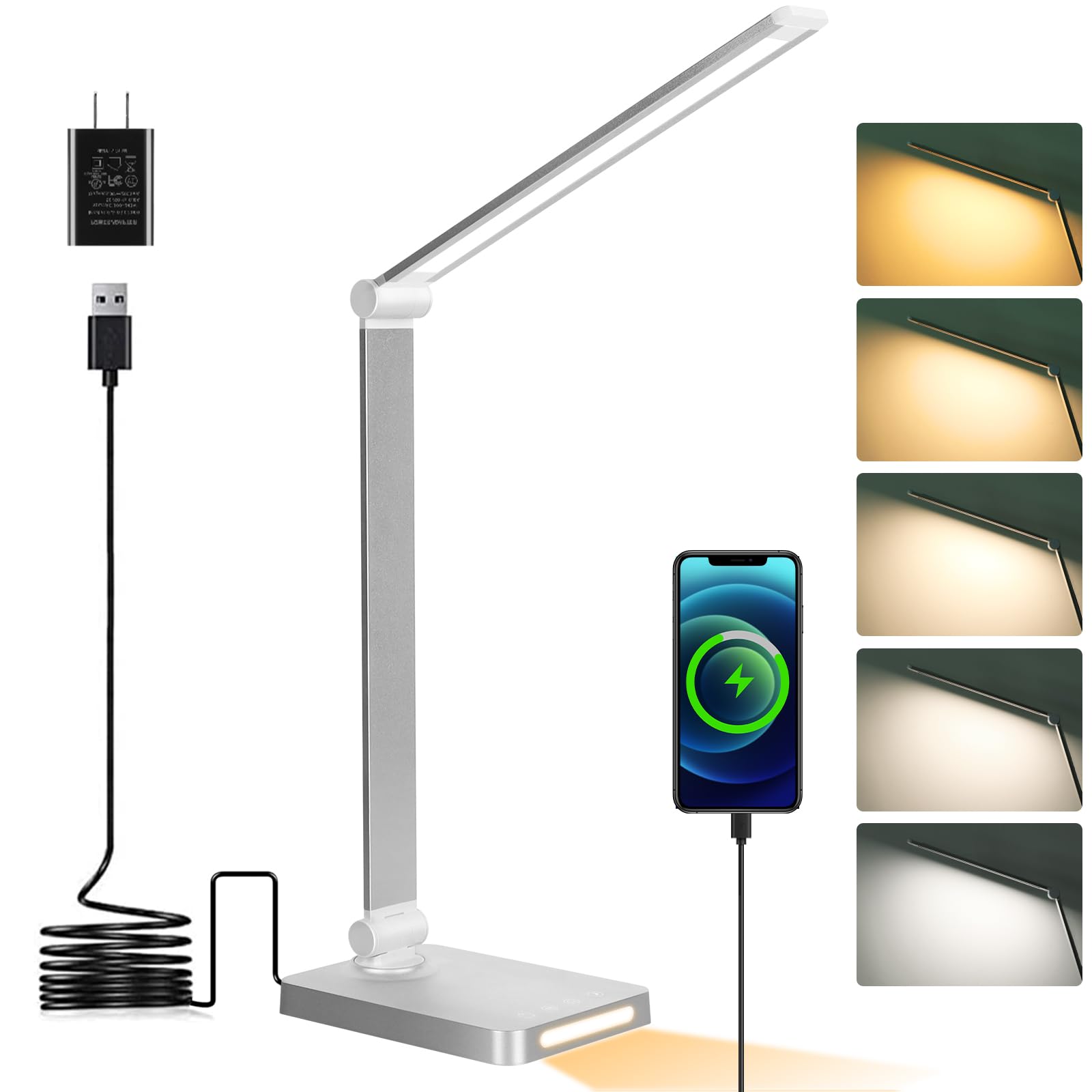 Dott Arts LED Desk Lamp with USB Ports,Touch Desk Lamps for Home Office with 5 Color Modes,3 Brightness Desk Light with Small Night Light,Reading Lamp Table LED Lamp for Bedroom Bedsid Study Sliver