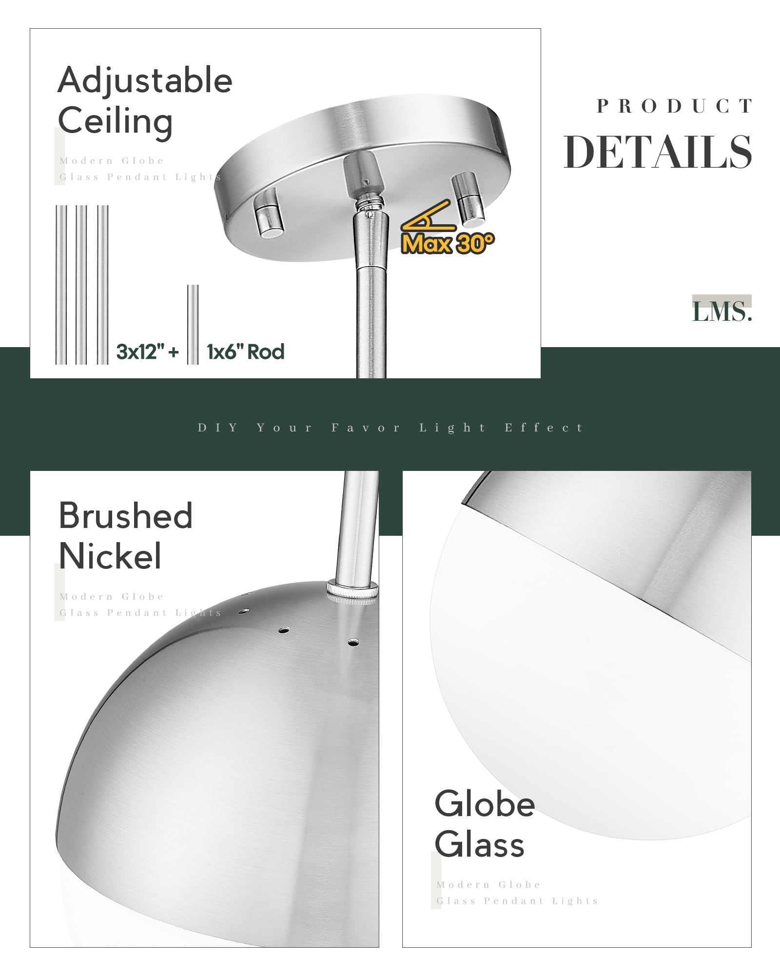 Lms Farmhouse Pendant Light Fixtures, Brushed Nickel Pendant Light With Globe Glass, Adjustable Hanging Lighting For Kitchen Island, Bedroom, Bathroom, Lms-203