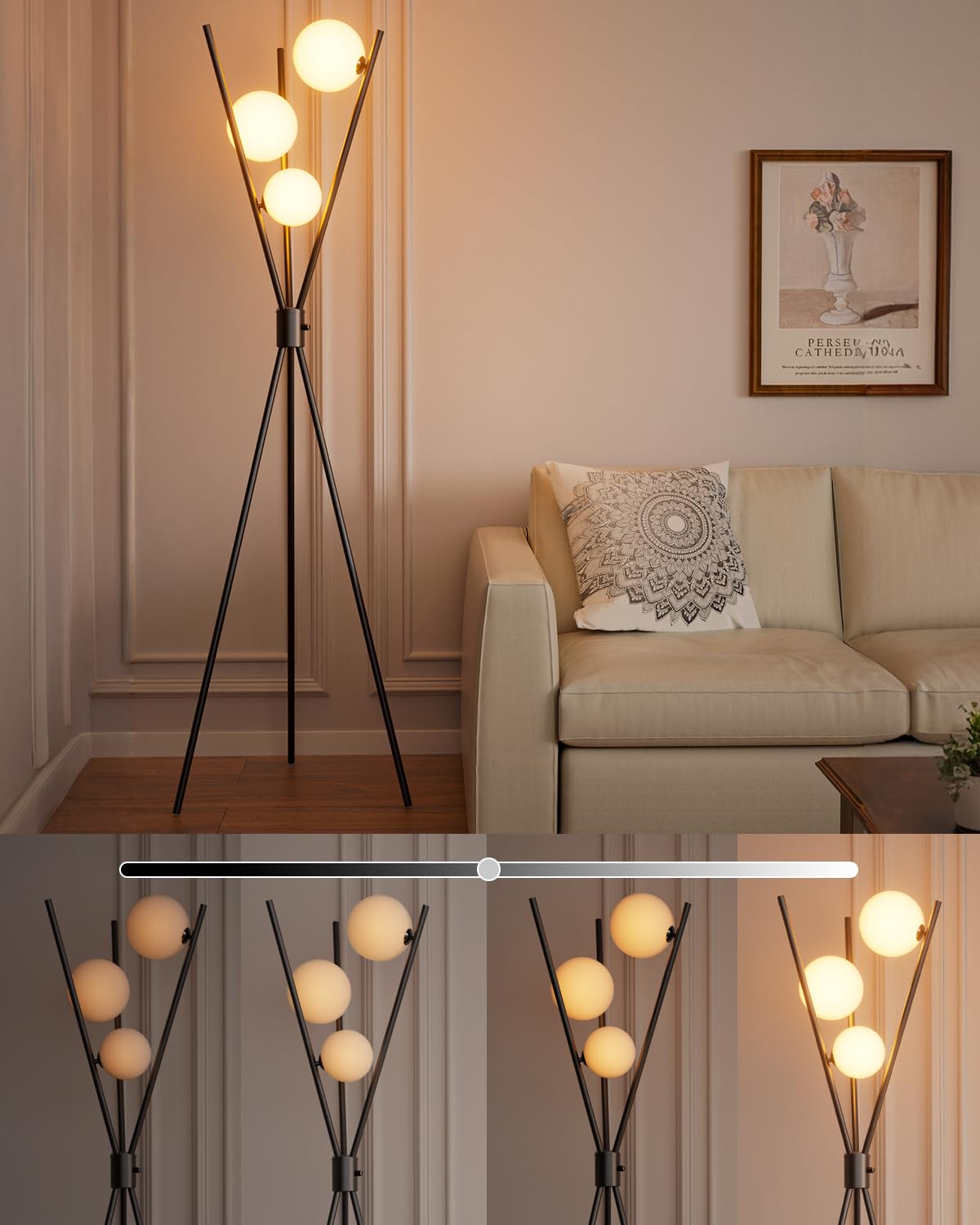 Lightdot Dimmable Black Tripod Floor Lamp, 3 Globe 3000K Bulbs, Modern Mid Century Design
